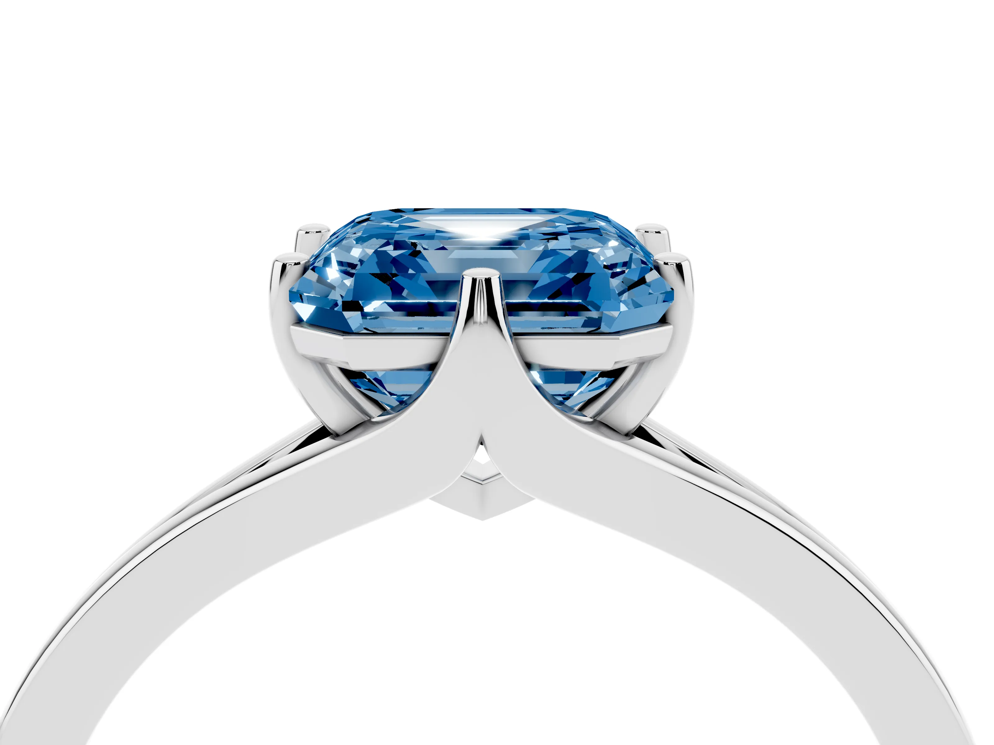 Fancy Blue Asscher Cut Diamond Solitaire Ring Set in Silver with Polished Tapered Band and Prong Setting
