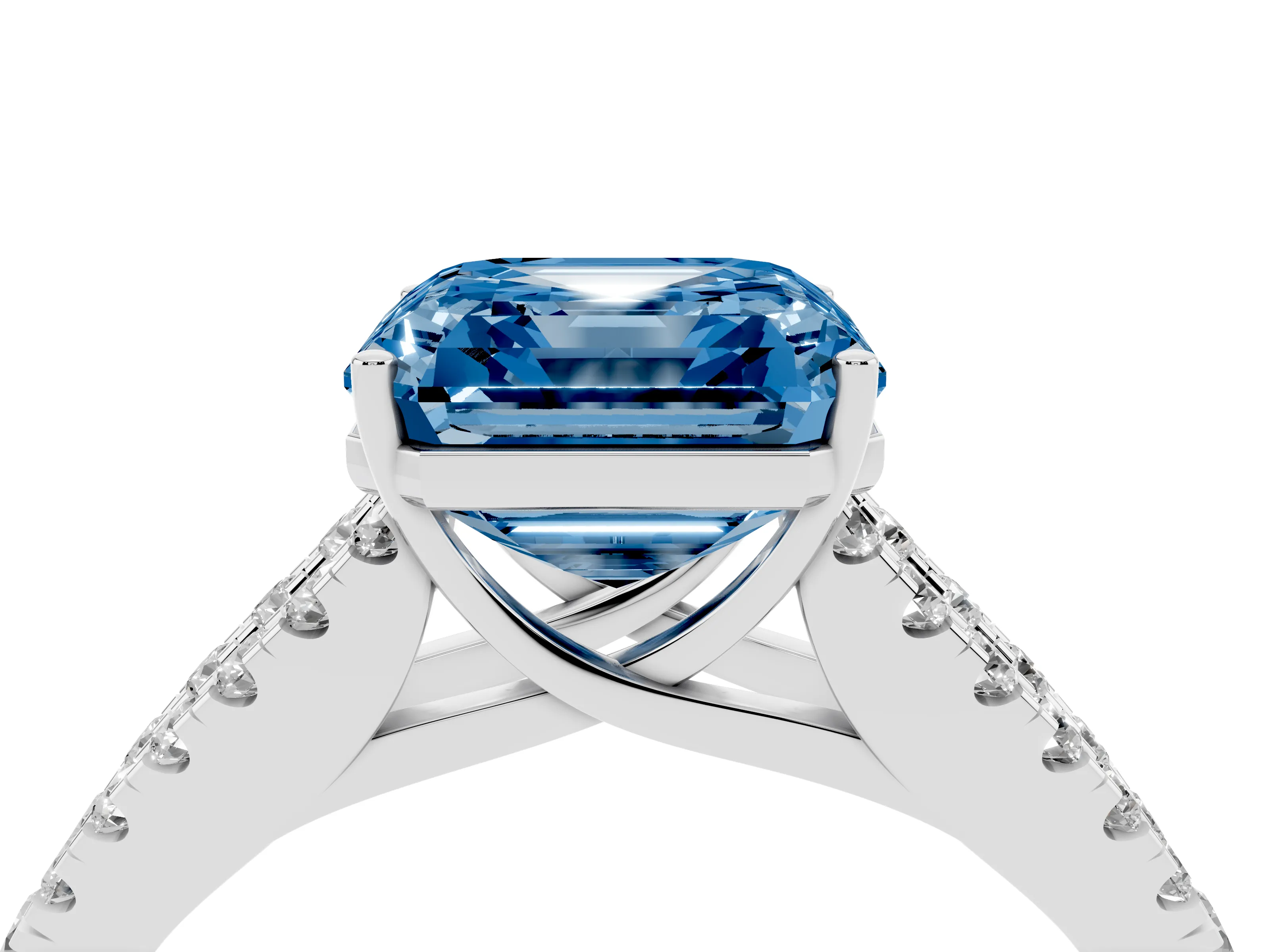 Fancy Blue Asscher Cut Diamond Split Shank Engagement Ring Set in Silver with Round Pavé and Prong Setting
