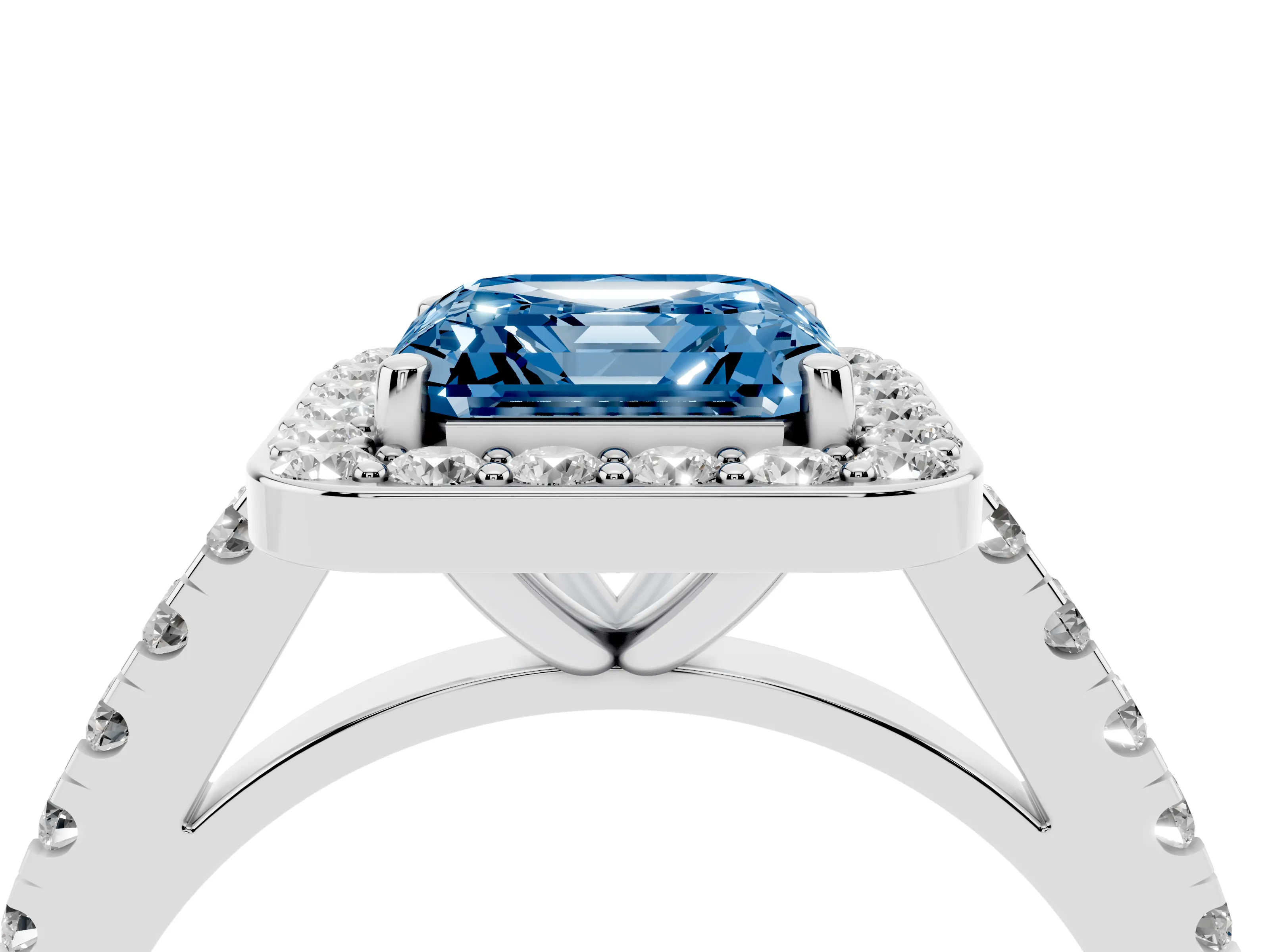 Fancy Blue Asscher Cut Diamond Halo Ring Set in Silver with Round Pavé Split Shank and Prong Setting