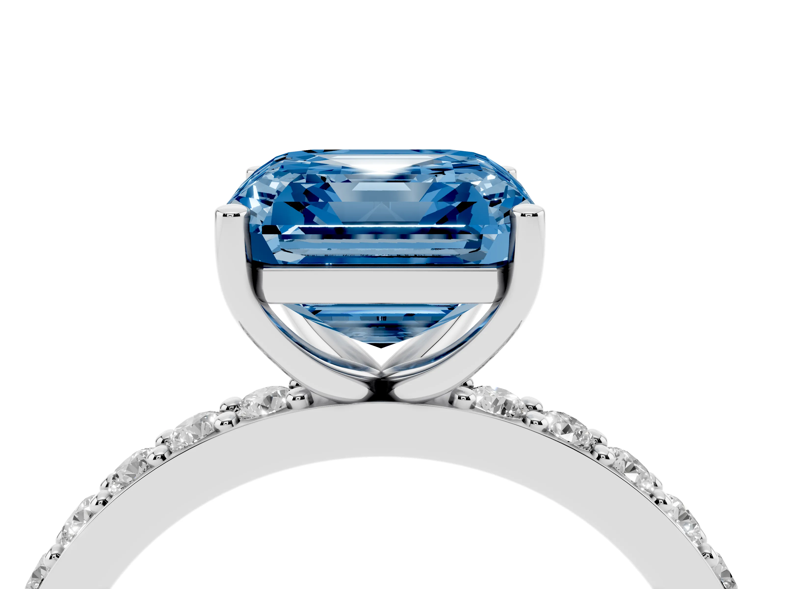 Fancy Blue Asscher Cut Diamond Solitaire Set in Silver with Round Pavé Band and Prong Setting