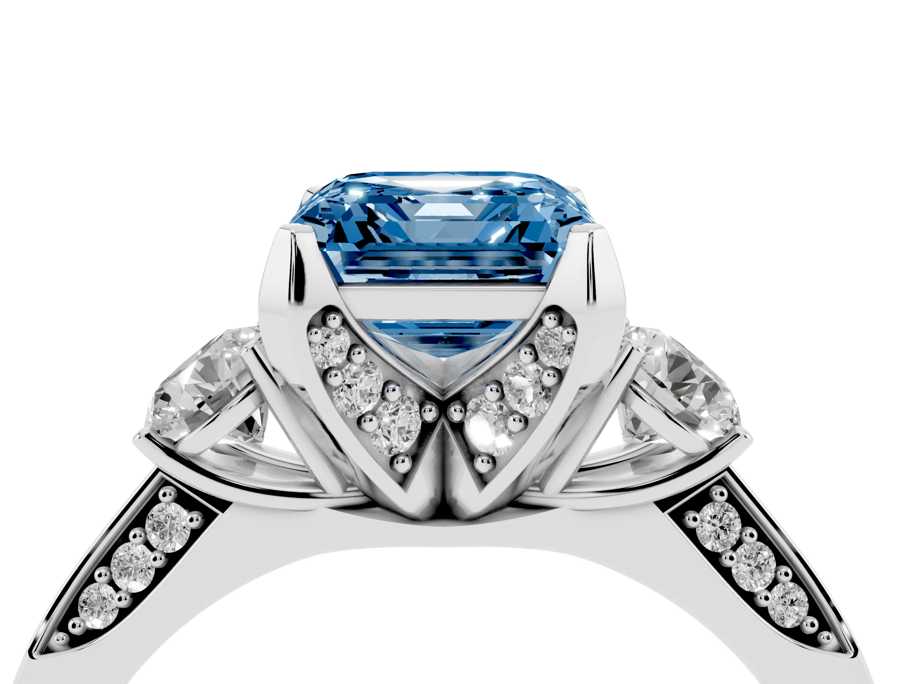 Fancy Blue Asscher Cut Diamond Three-Stone Ring Set in Silver with Pavé Band and Smaller Side Stones