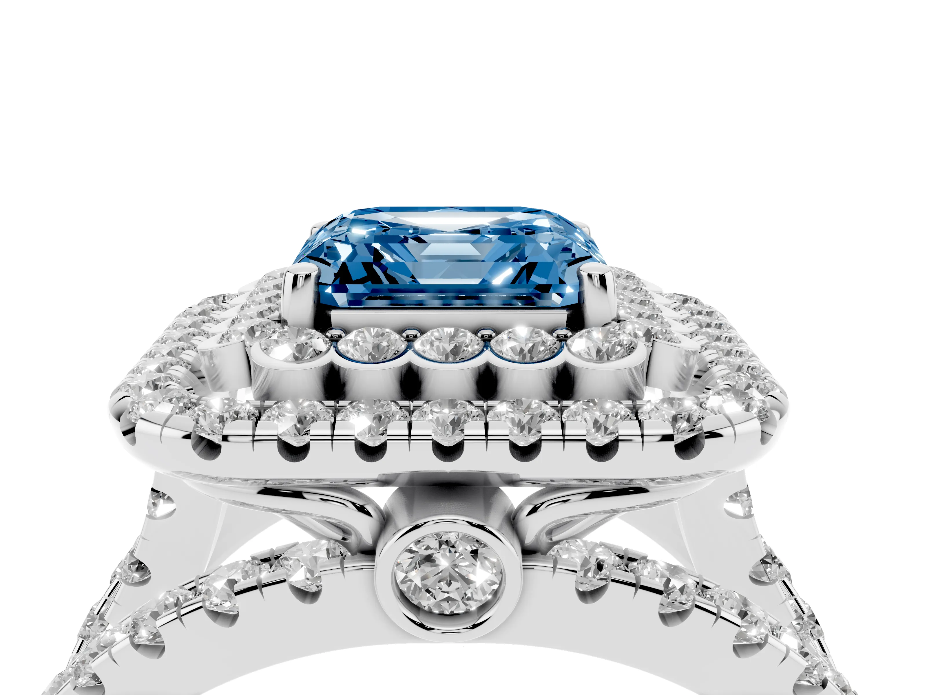 Fancy Blue Asscher Cut Diamond Double Halo Ring Set in White gold with Round Pavé Split Shank