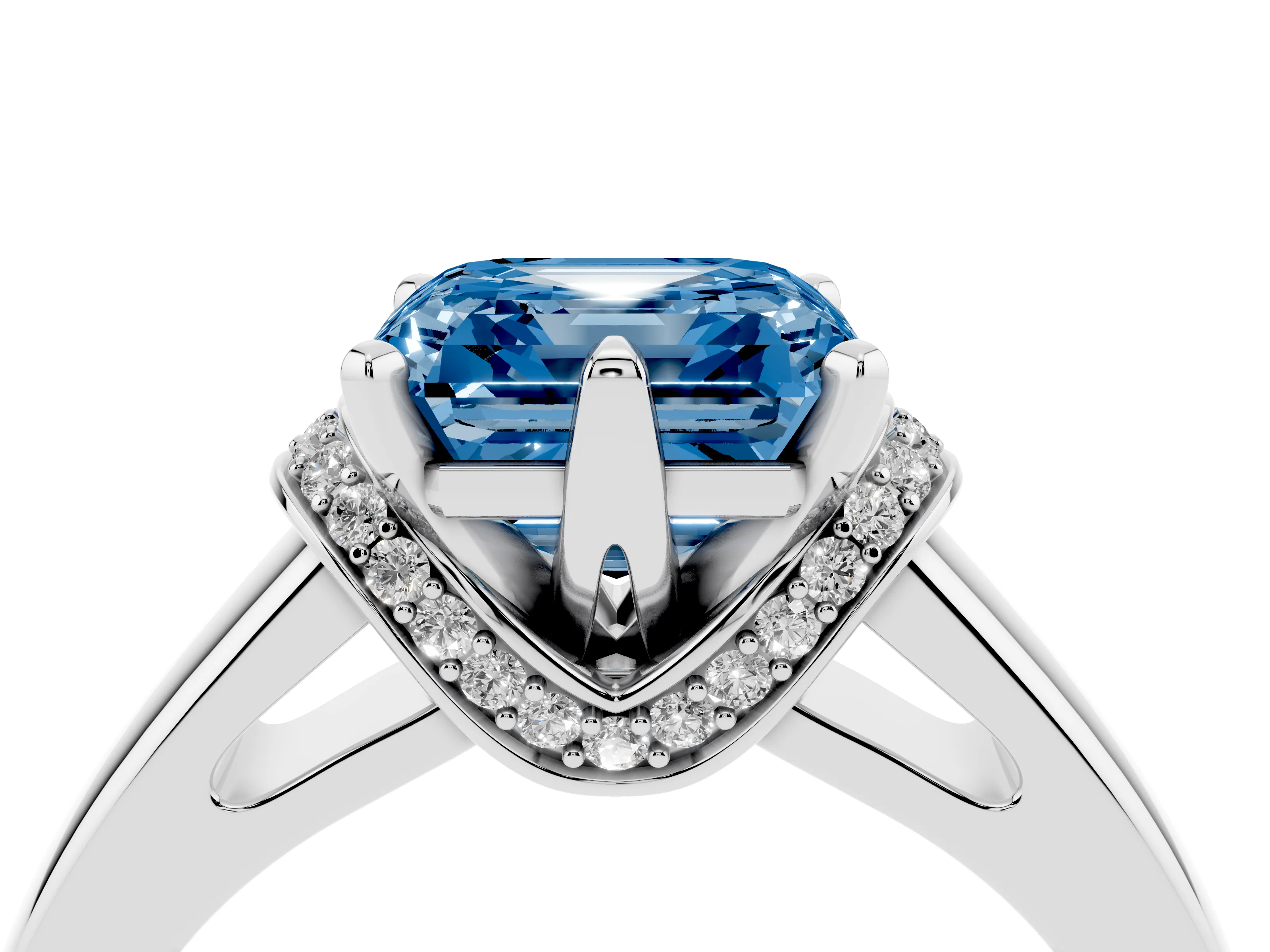 Fancy Blue Asscher Cut Diamond Pavé Band Solitaire Ring Set in Silver with Prong Setting