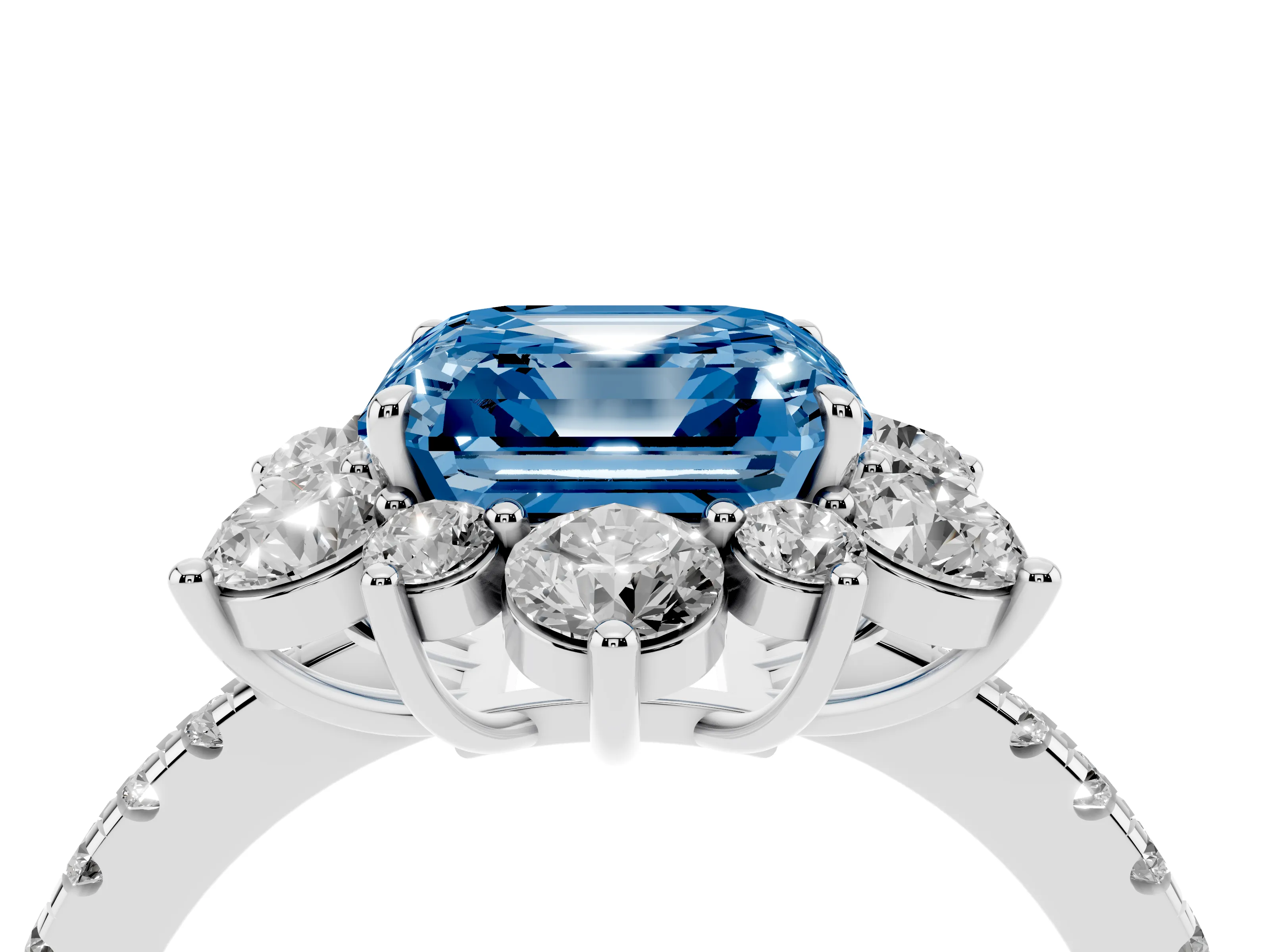Fancy Blue Asscher Cut Diamond Floral Halo Ring Set in White gold with Round Pavé Band and Prong Setting