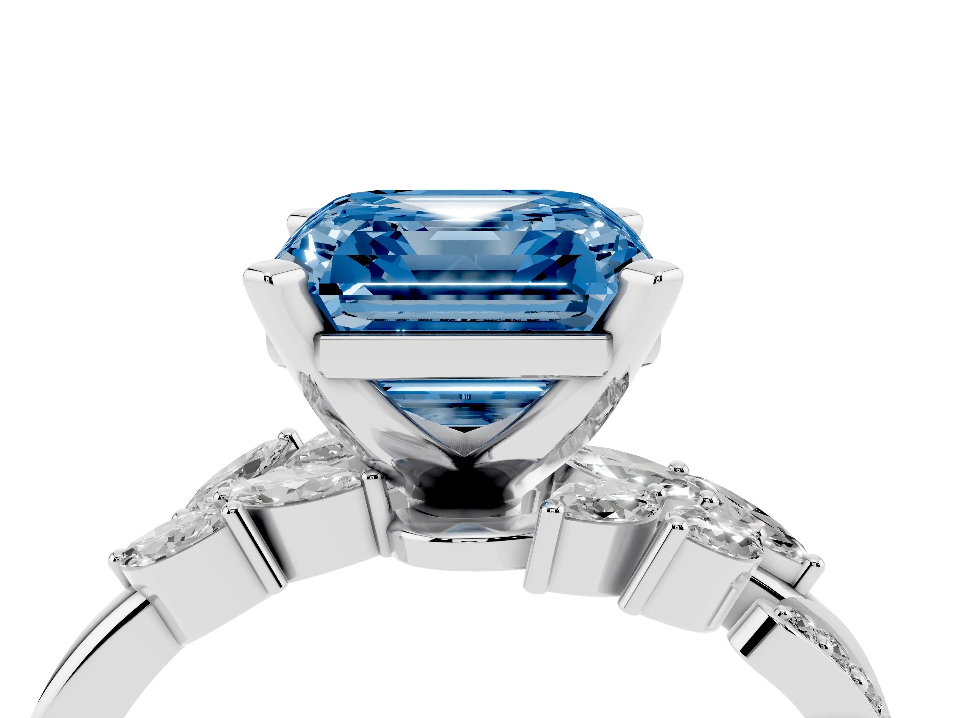 Fancy Blue Asscher Cut Diamond Solitaire Ring Set in White gold with Marquise Twist Band and Prong Setting