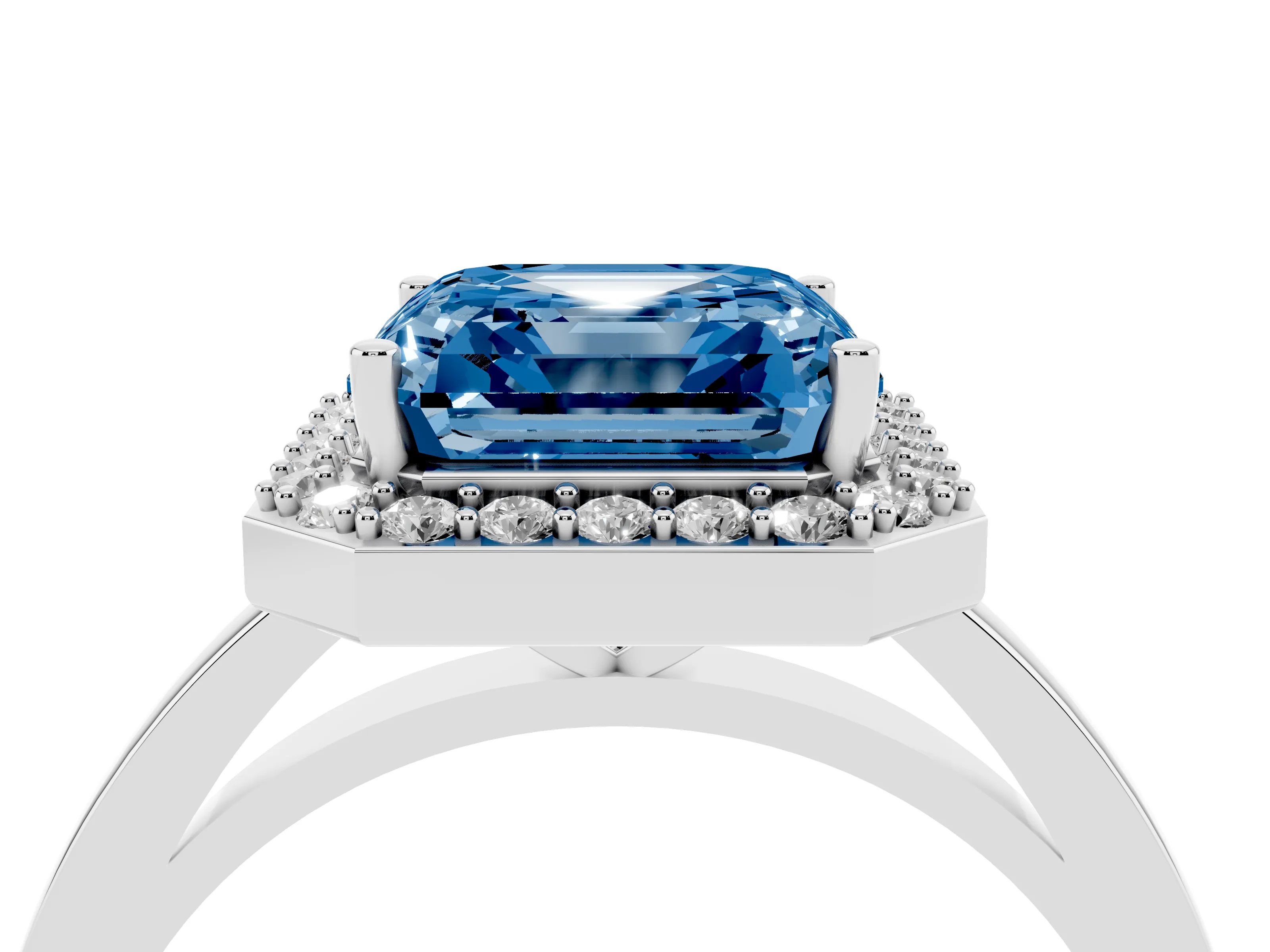 Fancy Blue Asscher Cut Diamond Halo Ring Set in Platinum with Solitaire Band and Prong Setting
