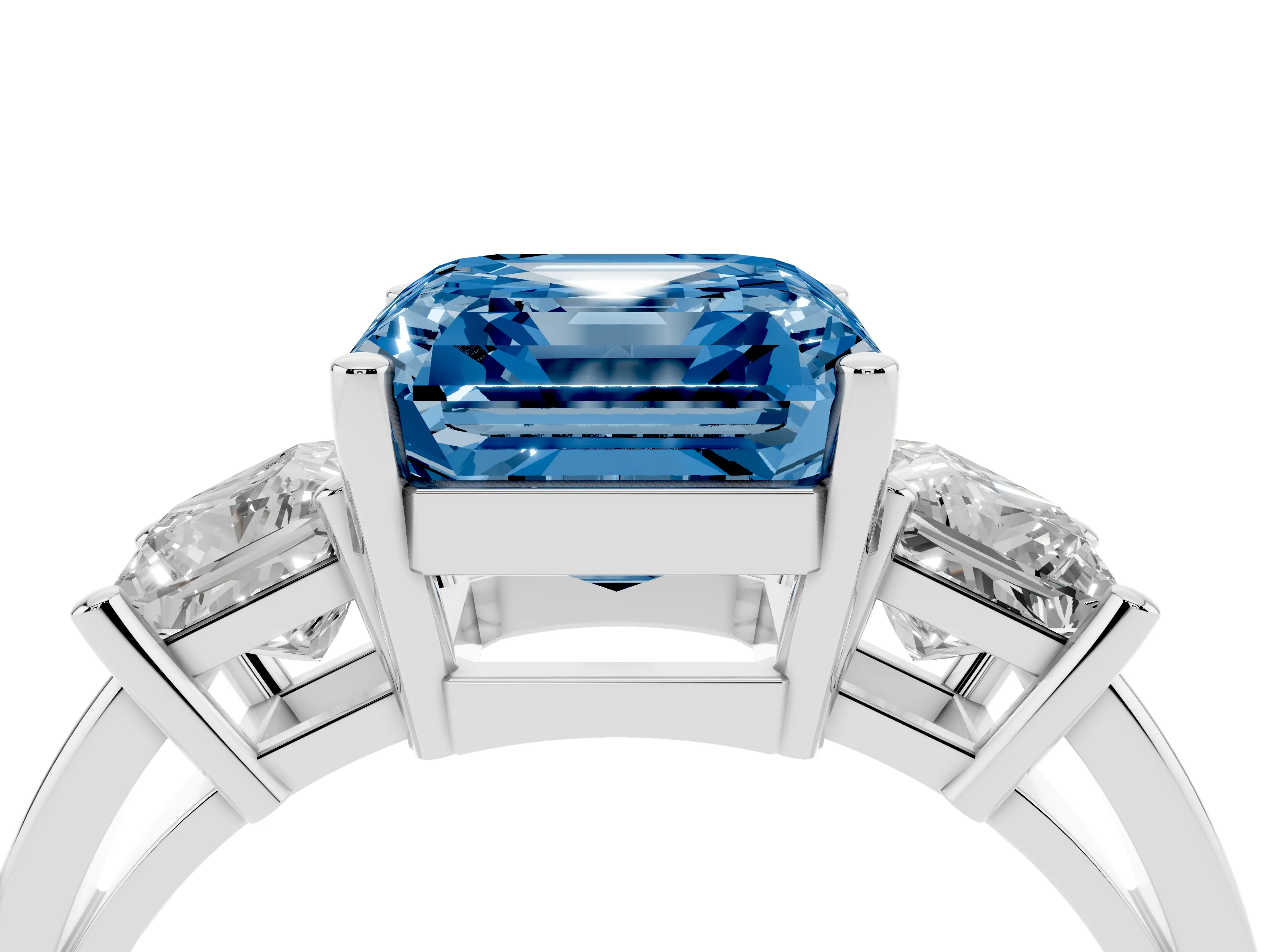 Fancy Blue Three-Stone Asscher Cut Diamond Solitaire Ring Set in Silver with Prong Setting