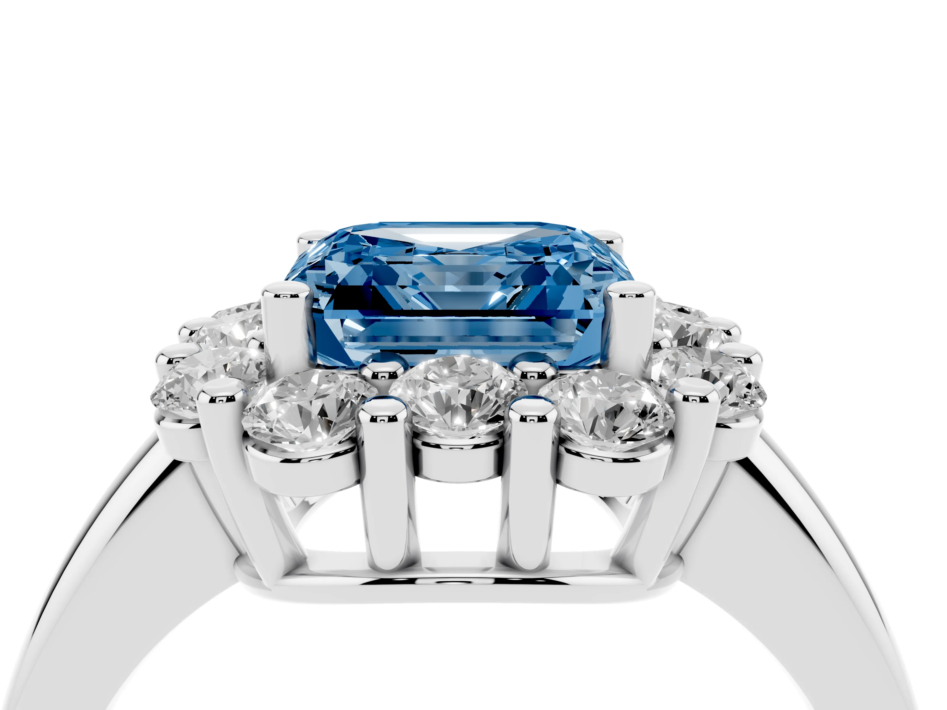 Fancy Blue Asscher Cut Diamond Halo Cluster Engagement Ring Set in Silver with Polished Band and Prong Setting