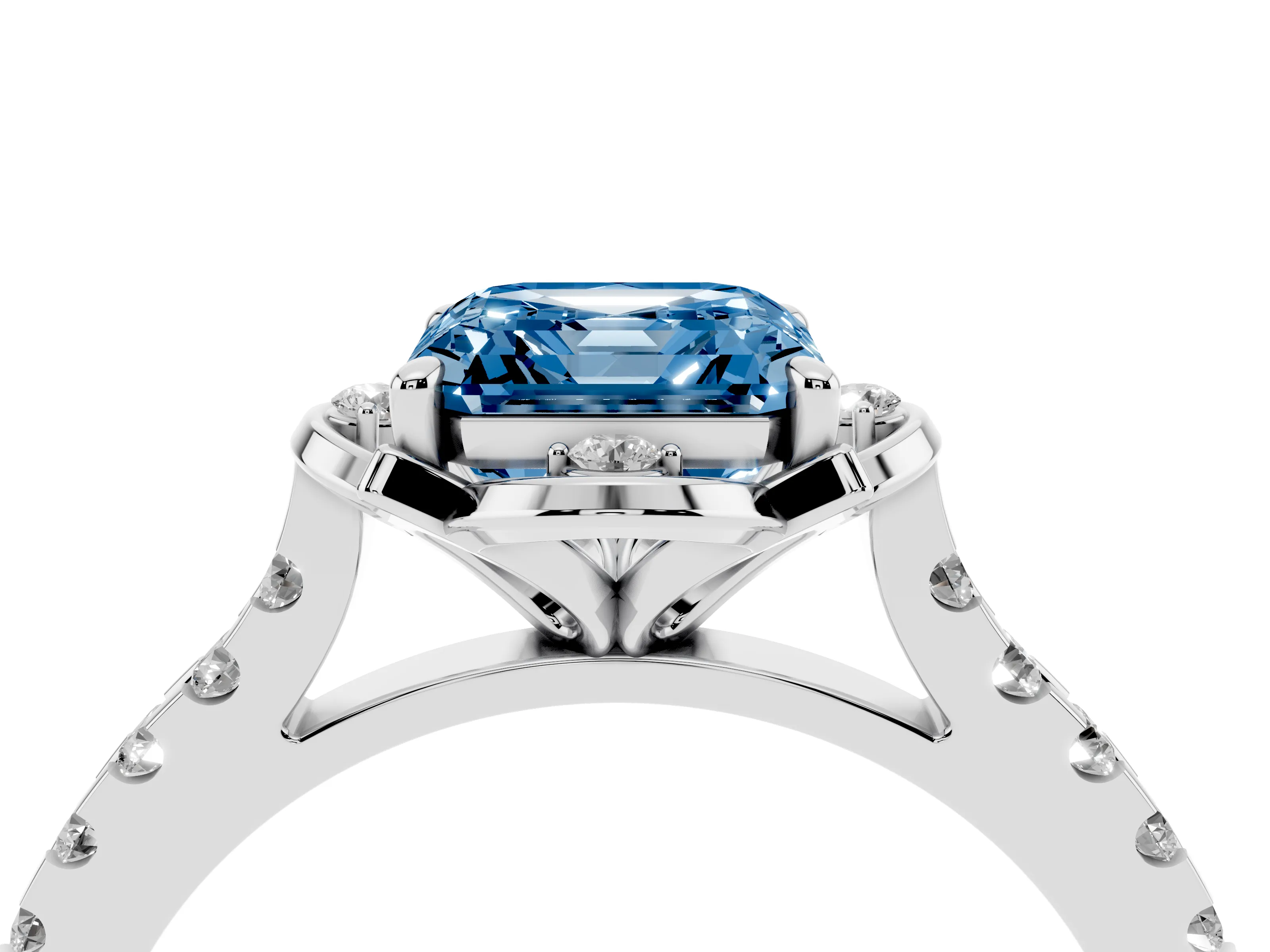 Fancy Blue Asscher Cut Diamond Solitaire Ring Set in Platinum with Pavé Band and Floral Prong Setting