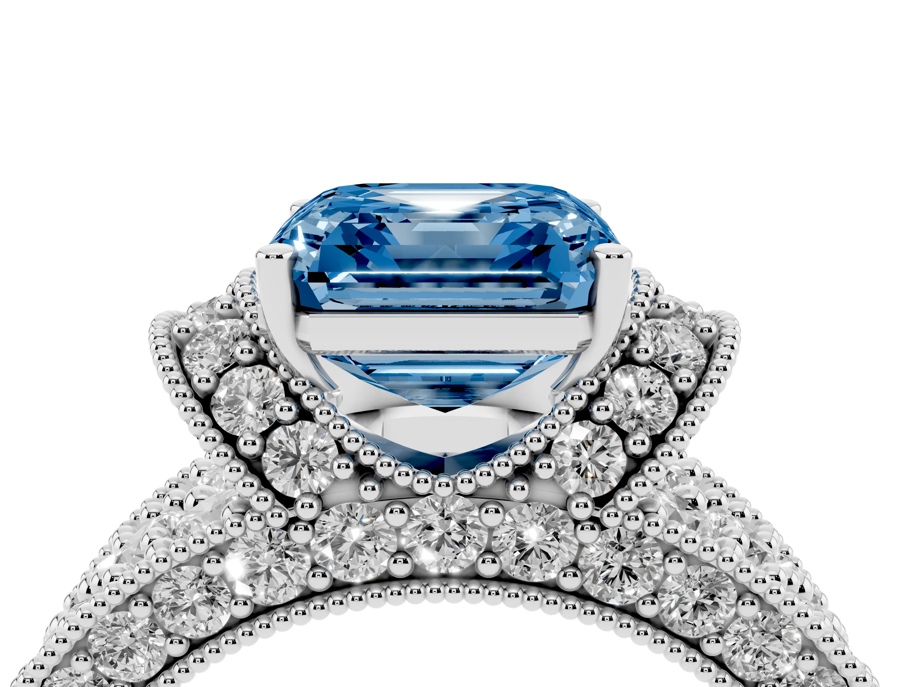 Fancy Blue Asscher Cut Diamond Milgrain Halo Pavé Engagement Ring Set in Silver with Prong Setting