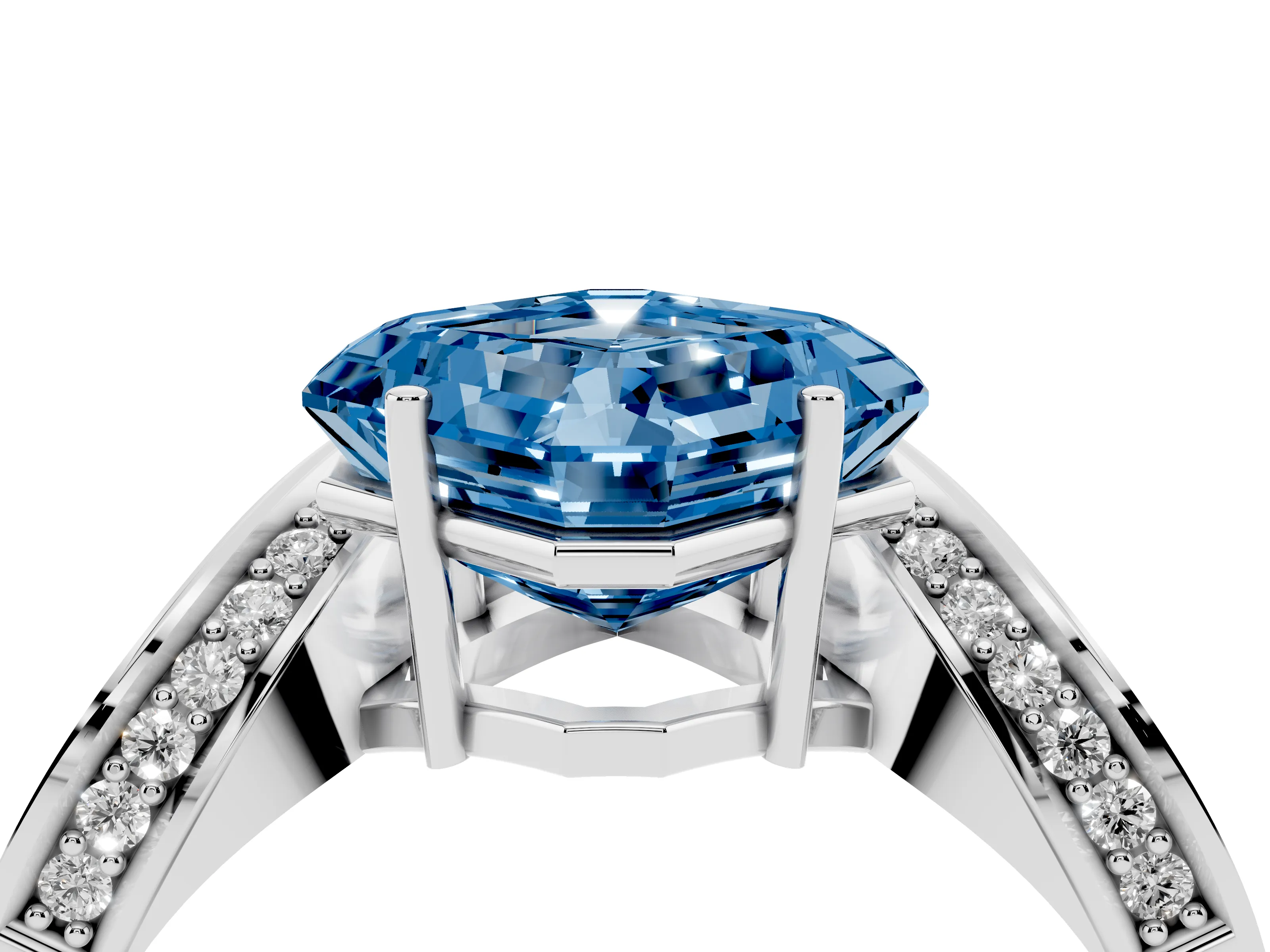 Fancy Blue Asscher Cut Diamond Solitaire Engagement Ring Set in Silver with Pavé Shoulders