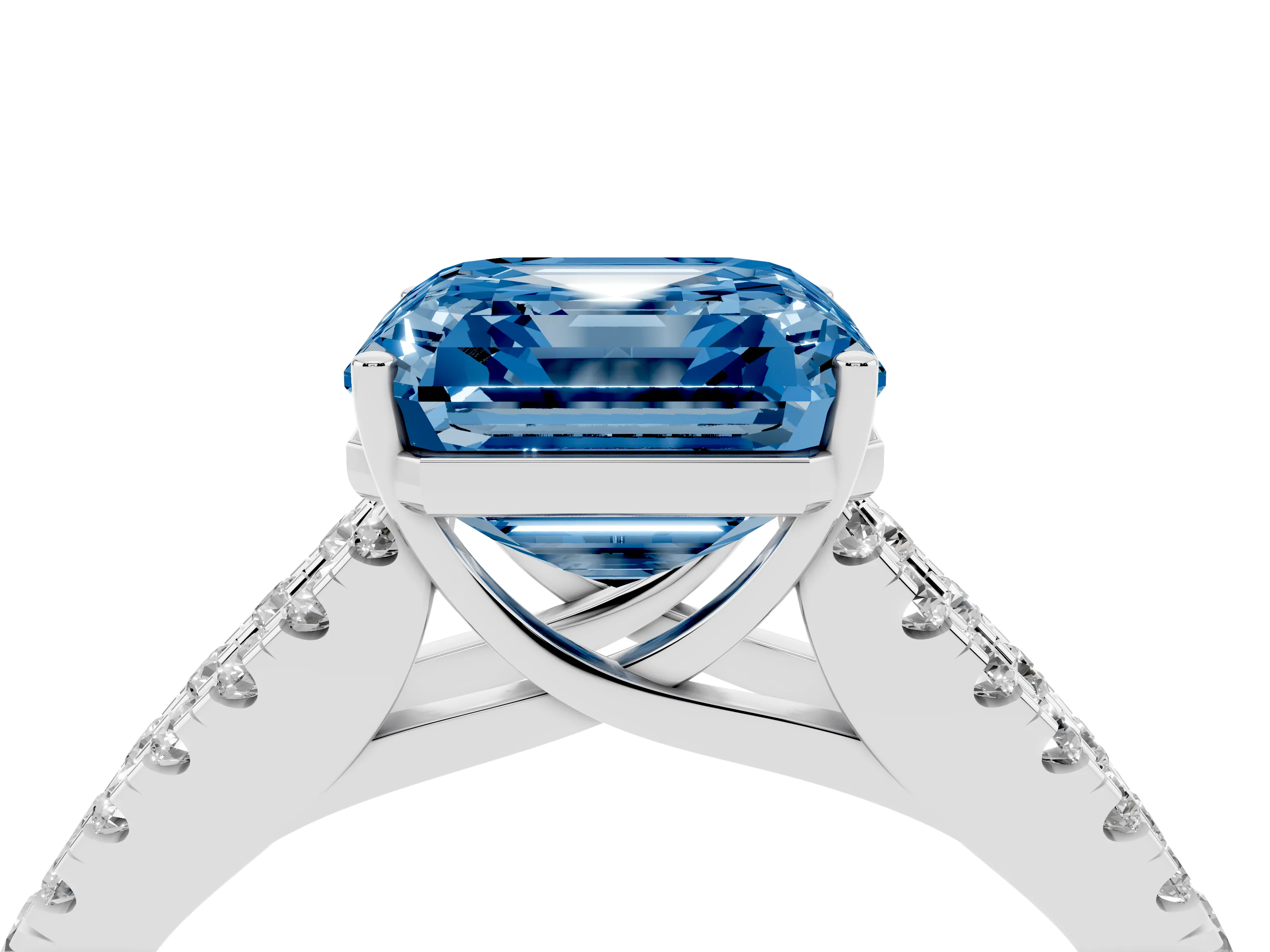 Fancy Blue Asscher Cut Diamond Split Shank Pavé Engagement Ring Set in Platinum with Prong-Held Center Stone