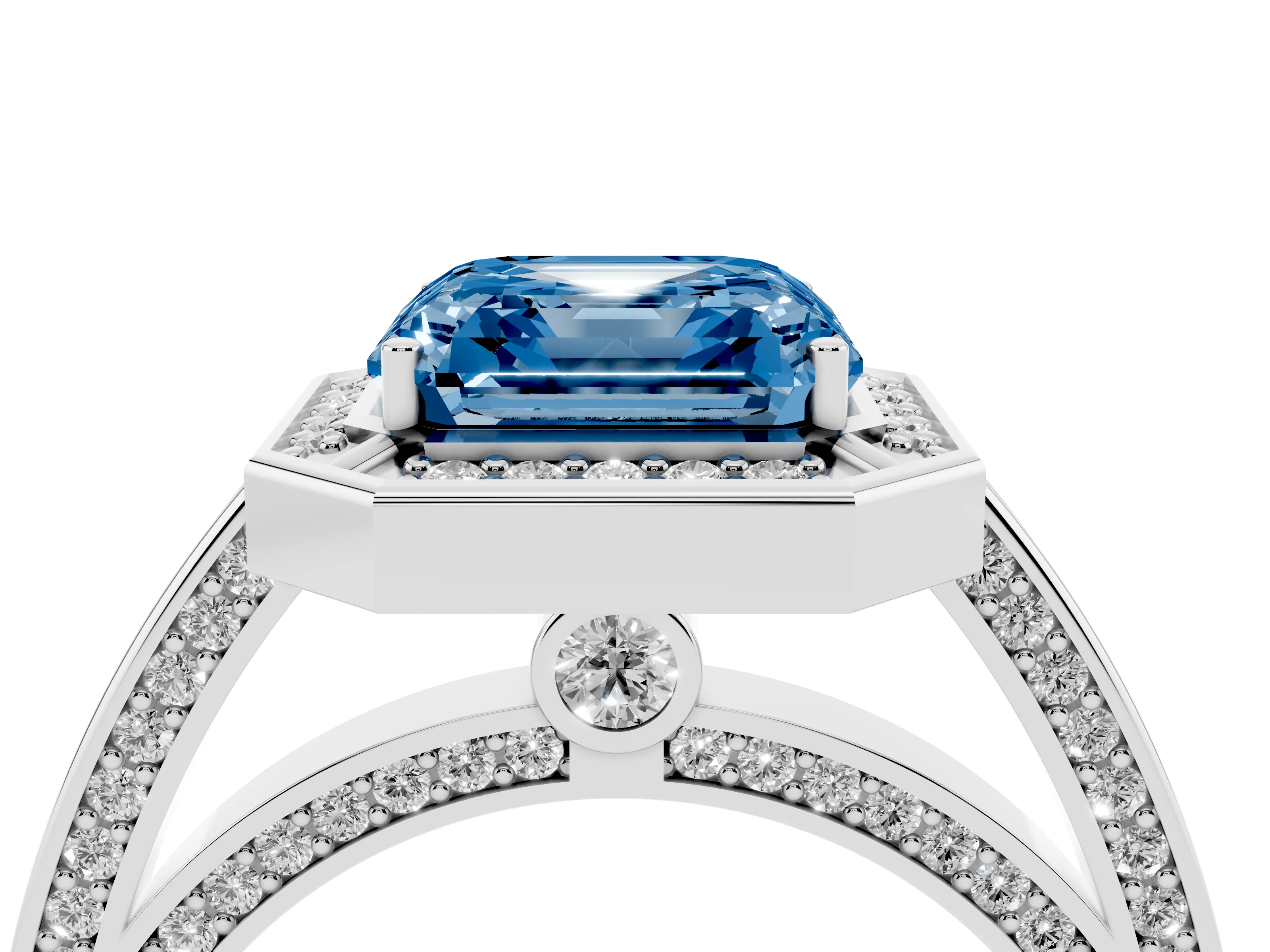 Fancy Blue Asscher Cut Diamond Halo Pavé Split Shank Ring Set in White gold with Prong Setting