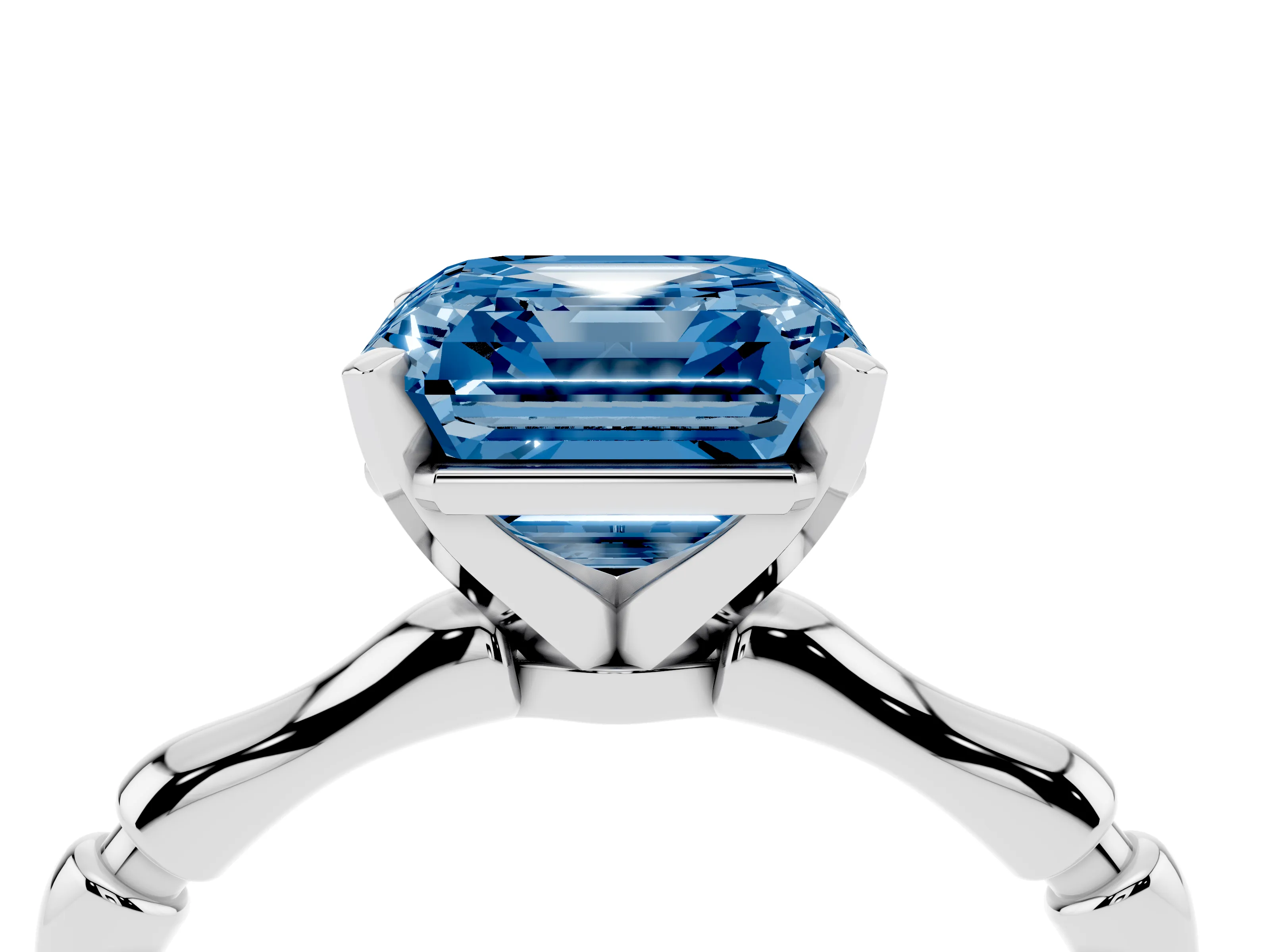 Fancy Blue Asscher Cut Diamond Solitaire Ring Set in Silver with Bamboo Band and Prong Setting