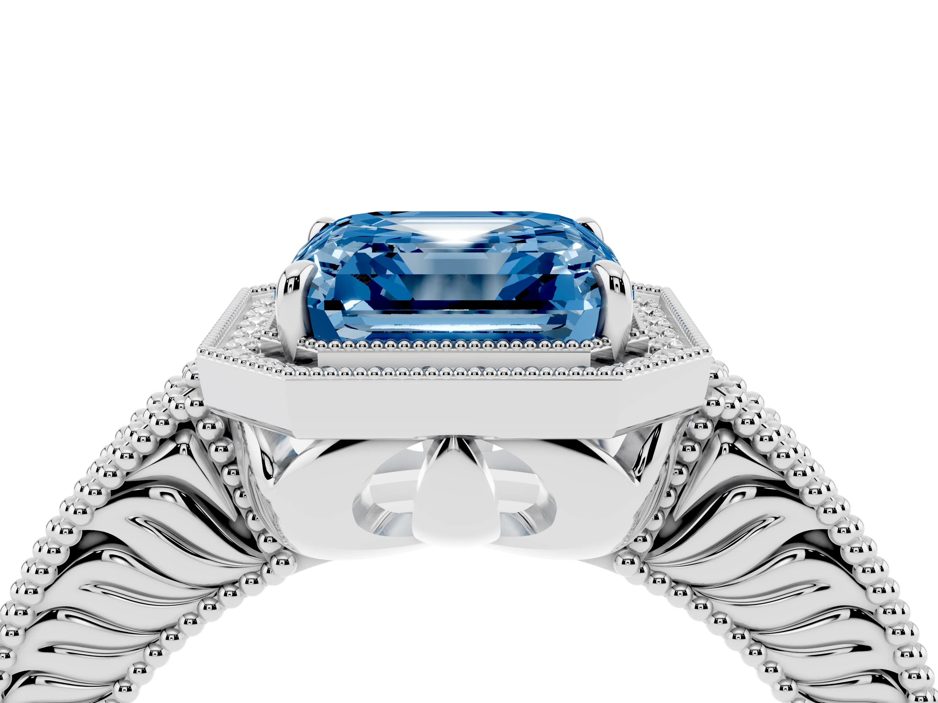 Fancy Blue Asscher Cut Diamond Halo Ring Set in White gold with Round Accent Halo, Pavé Band and Prong Setting