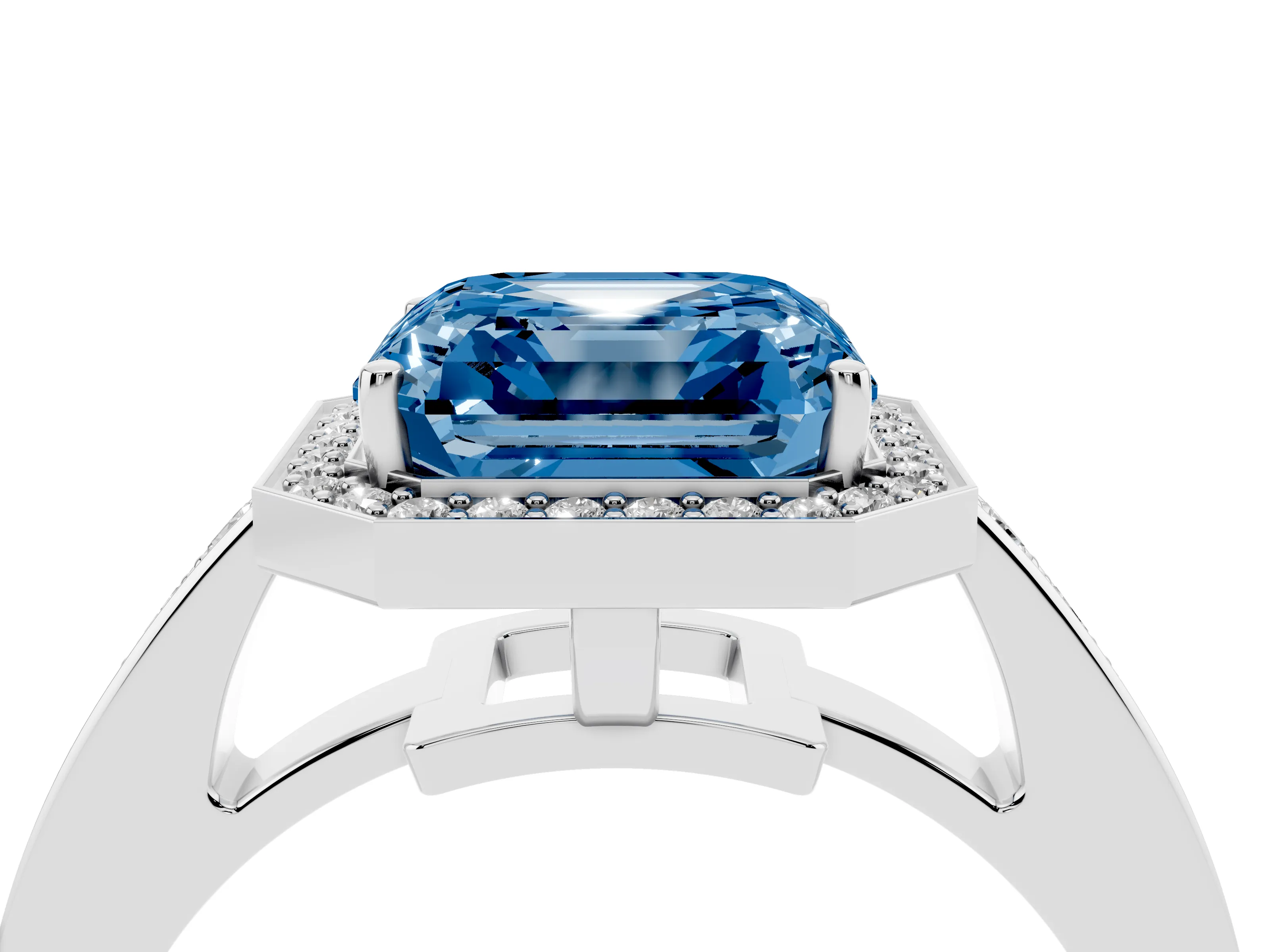 Fancy Blue Asscher Cut Diamond Halo Pavé Engagement Ring Set in Silver with Bezel Setting