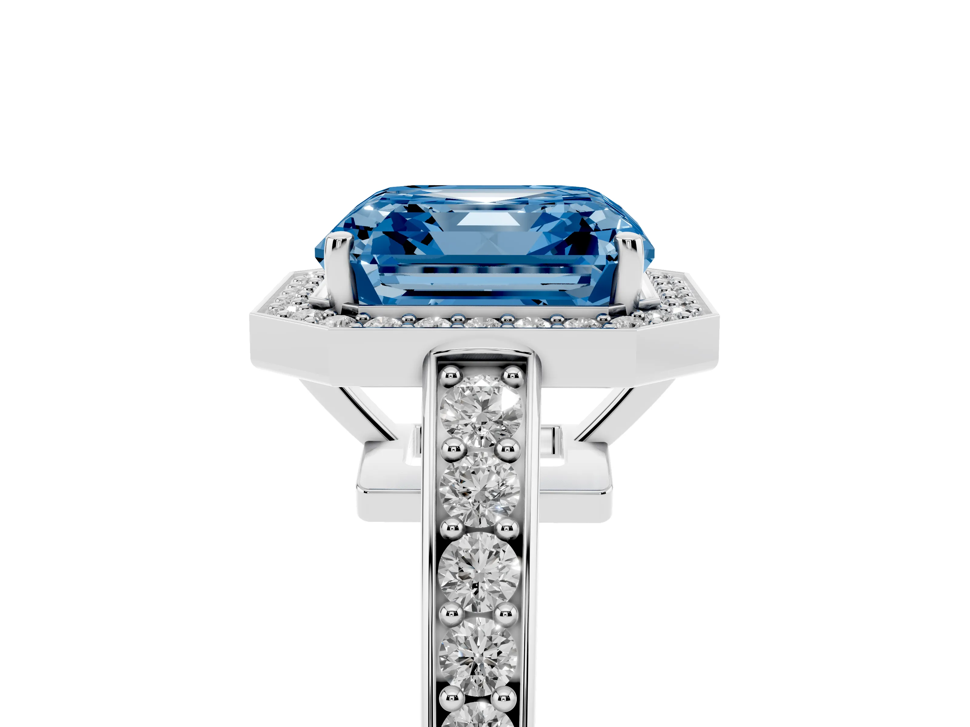 Fancy Blue Asscher Cut Diamond Halo Pavé Engagement Ring Set in Silver with Bezel Setting