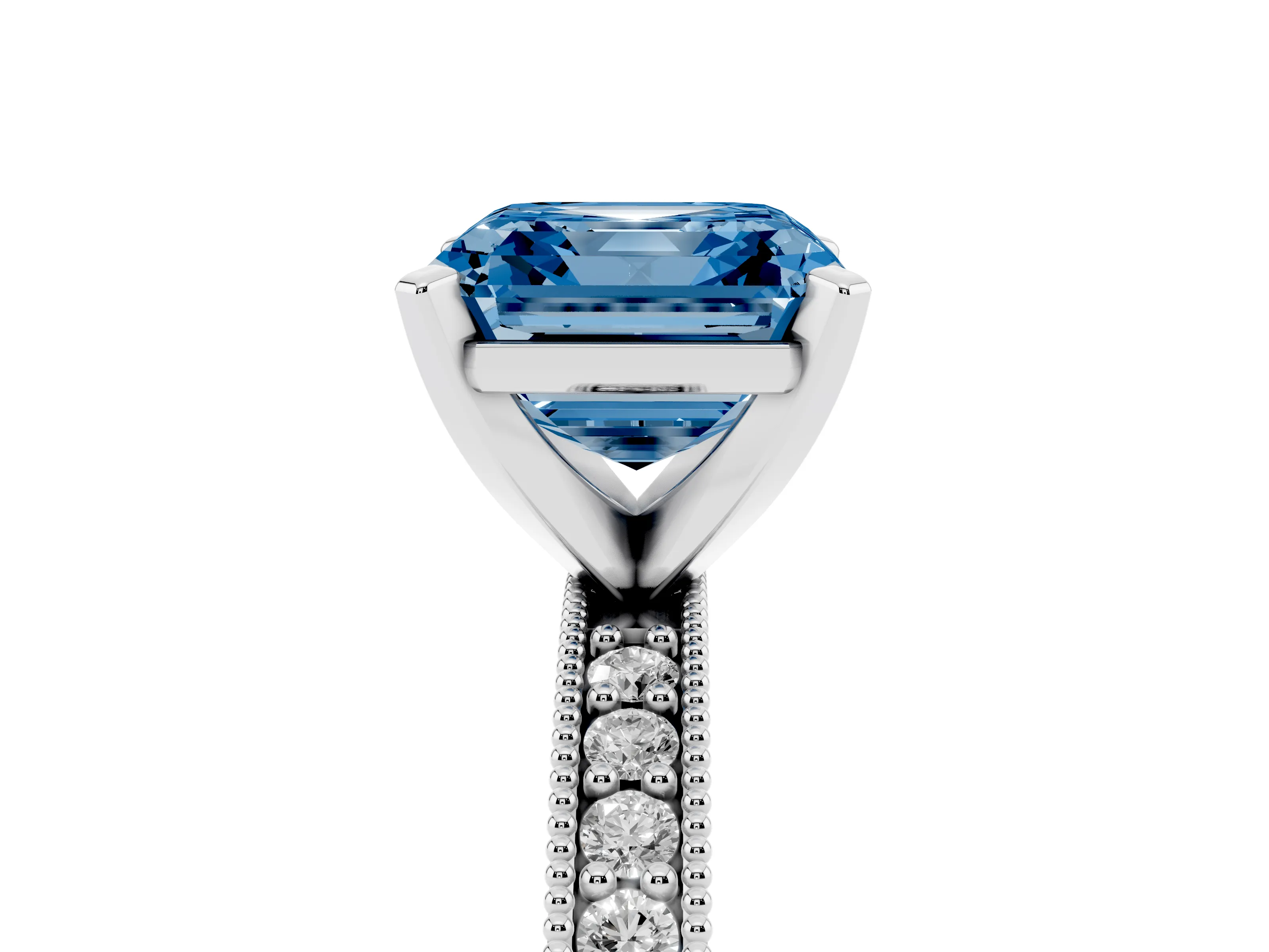 Fancy Blue Asscher Cut Diamond Milgrain Pavé Engagement Ring Set in Silver with Prong Setting
