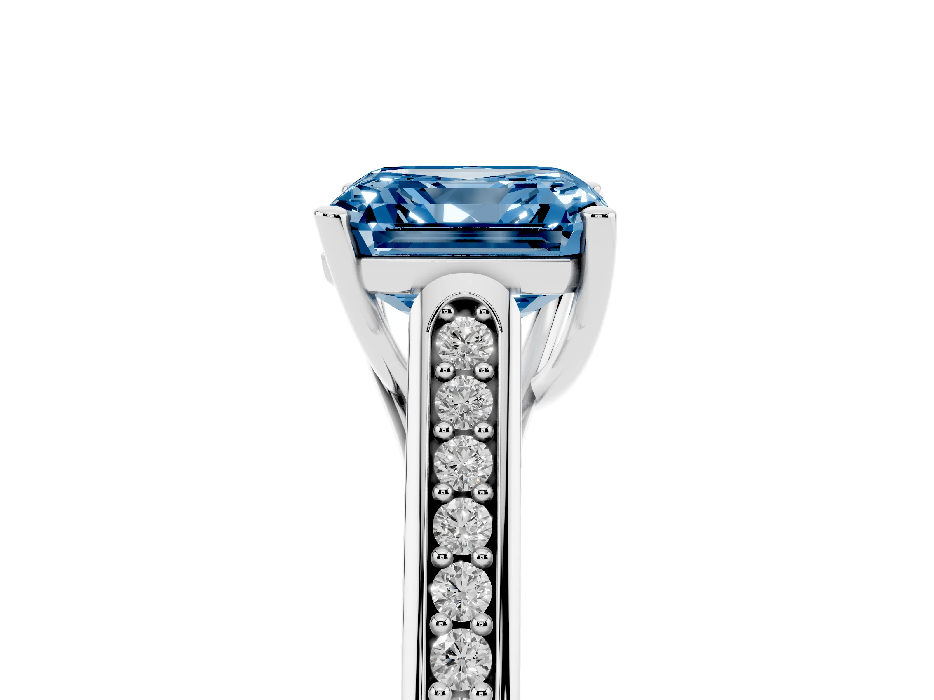 Fancy Blue Asscher Cut Diamond Solitaire Cathedral Engagement Ring Set in White gold with Channel-Set Band and Prong Setting