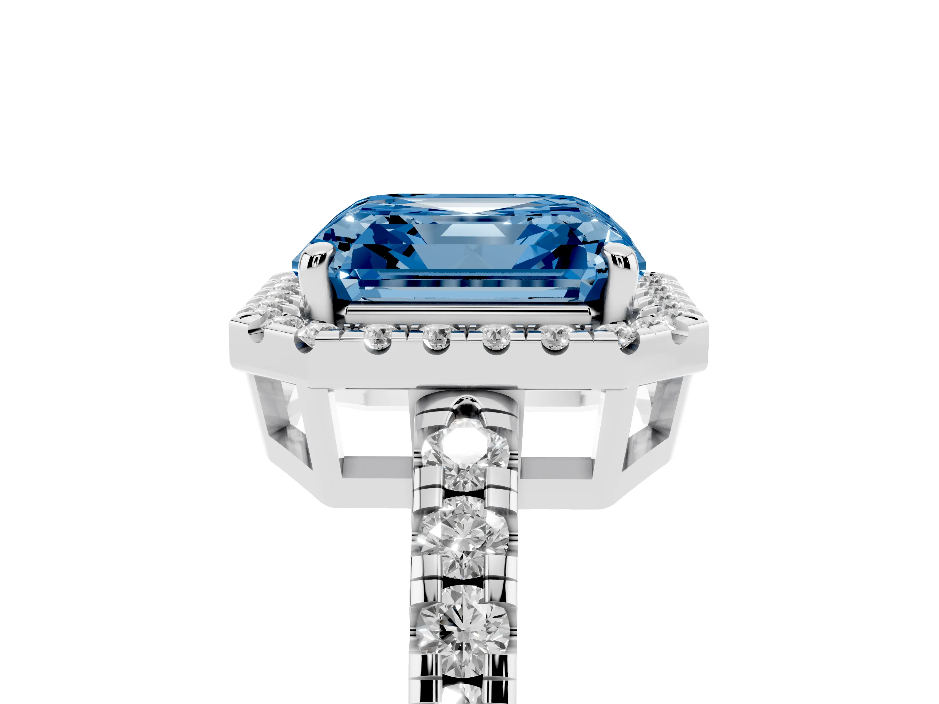 Fancy Blue Asscher Cut Diamond Halo Ring Set in Platinum with Delicate Pavé Band and Prong Setting