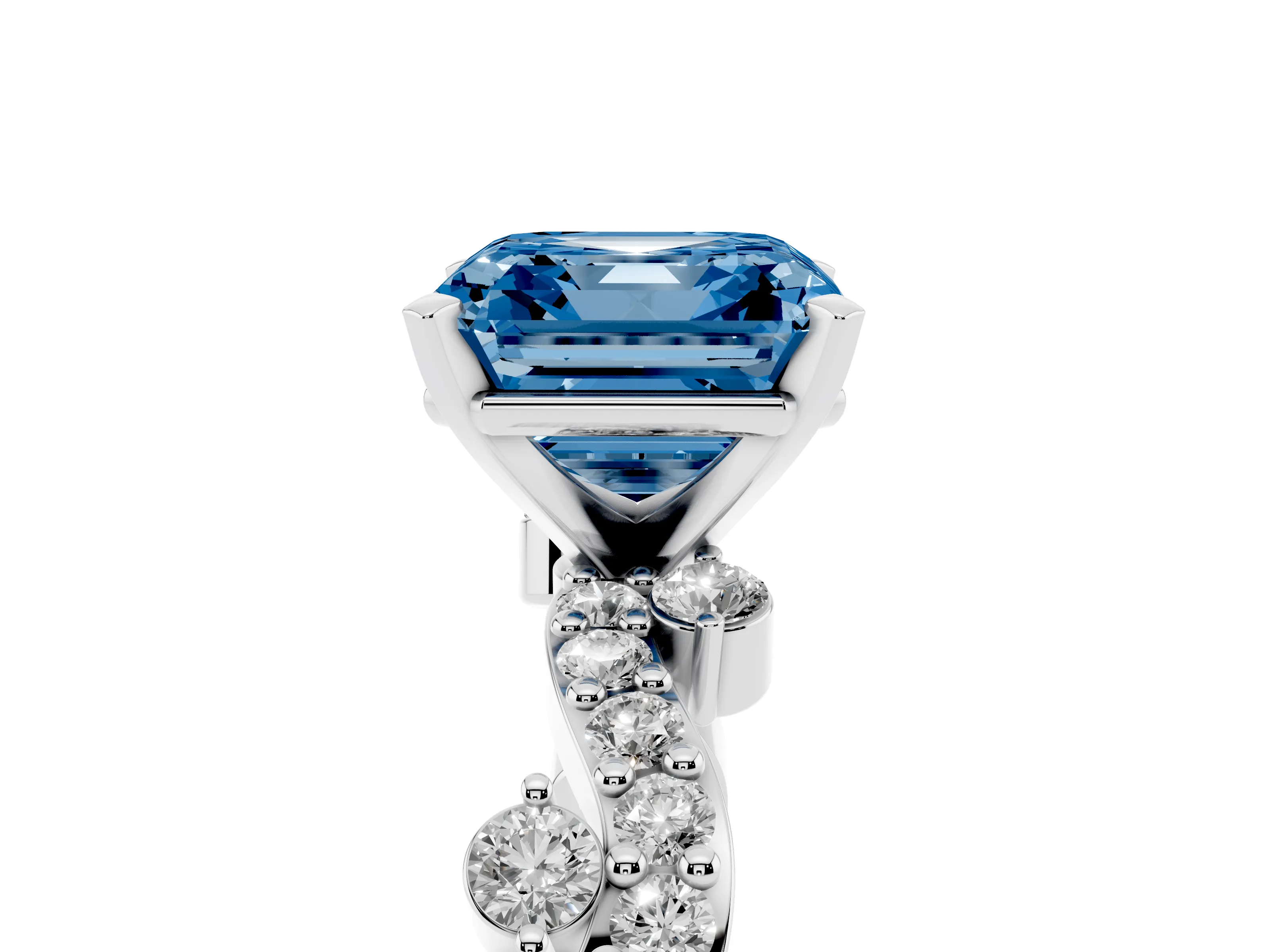 Fancy Blue Asscher Cut Diamond Solitaire Twisted Band Set in White gold with Pavé Setting