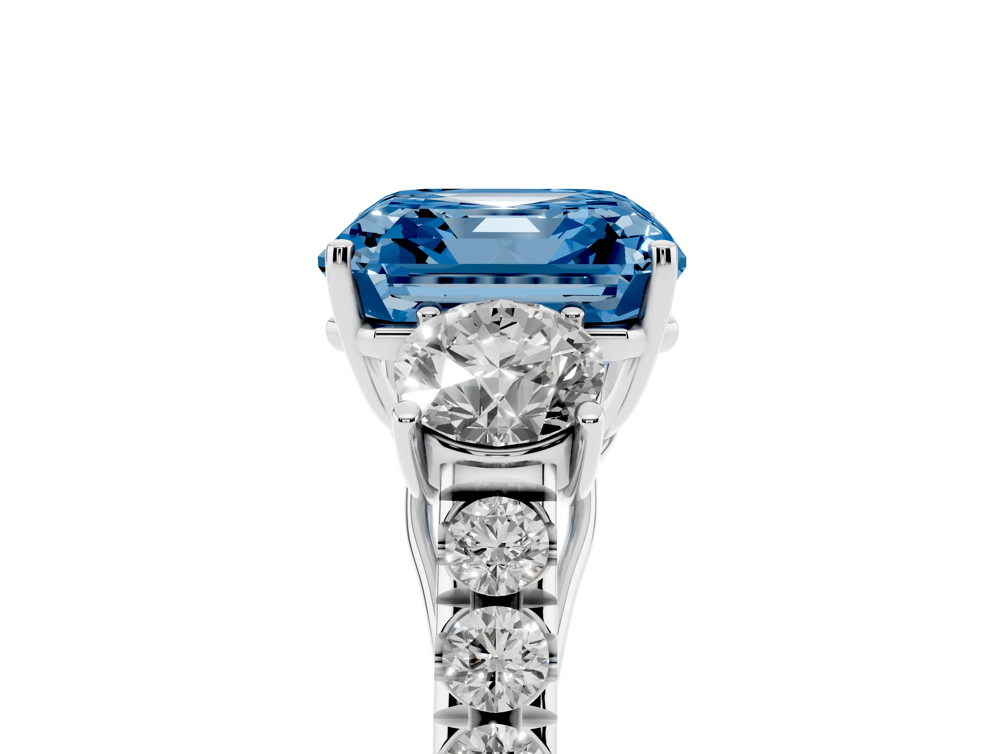 Fancy Blue Asscher Cut Diamond Three-Stone Ring Set in Silver with Round Side Stones and Delicate Pavé Band
