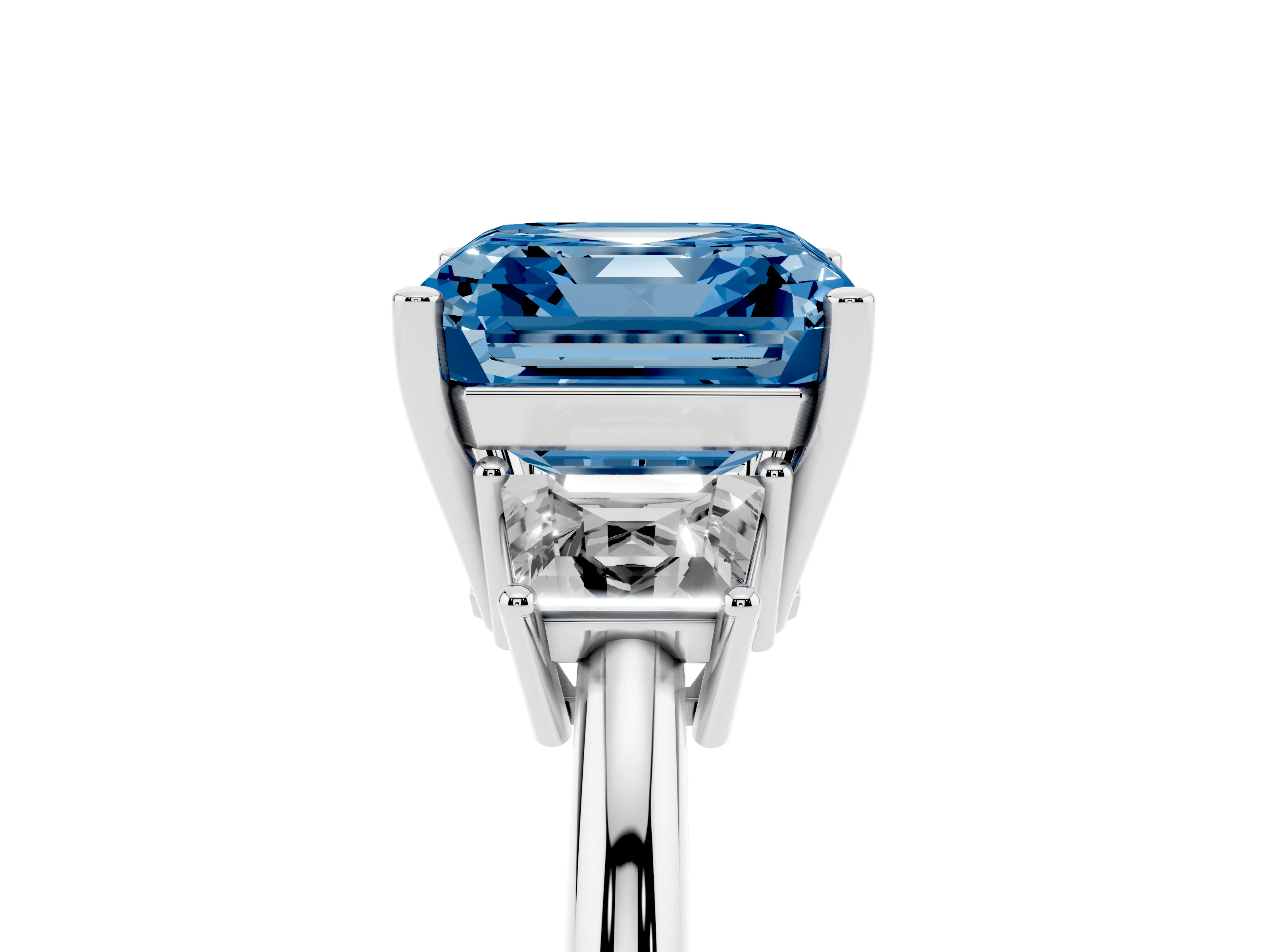 Fancy Blue Asscher Cut Diamond Three-Stone Ring Set in Platinum with Trapezoid Side Stones and Prong Setting