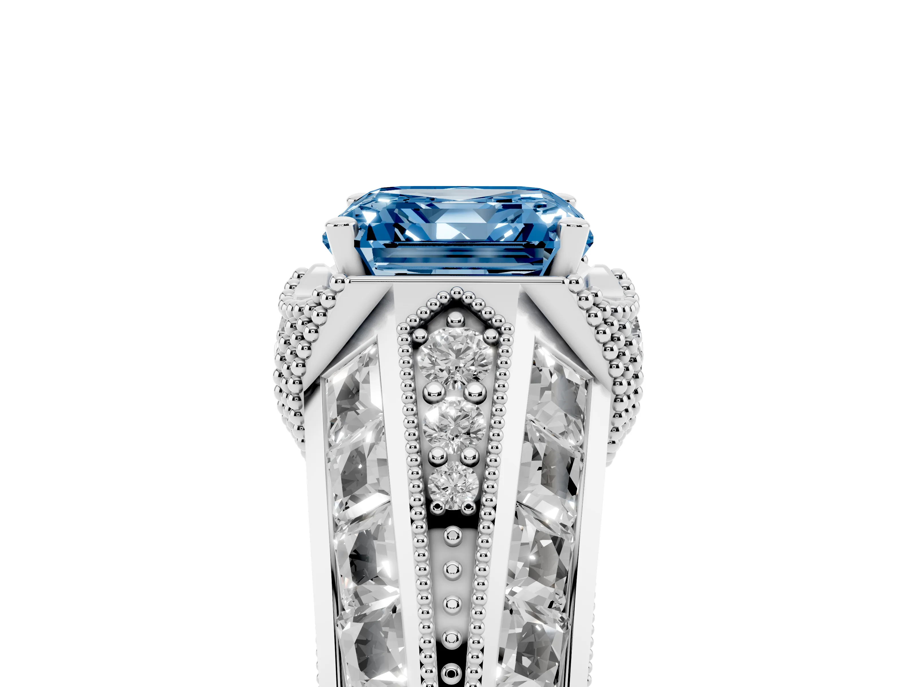 Fancy Blue Asscher Cut Diamond Vintage-Inspired Milgrain Ring Set in Platinum with Accent Split Shank