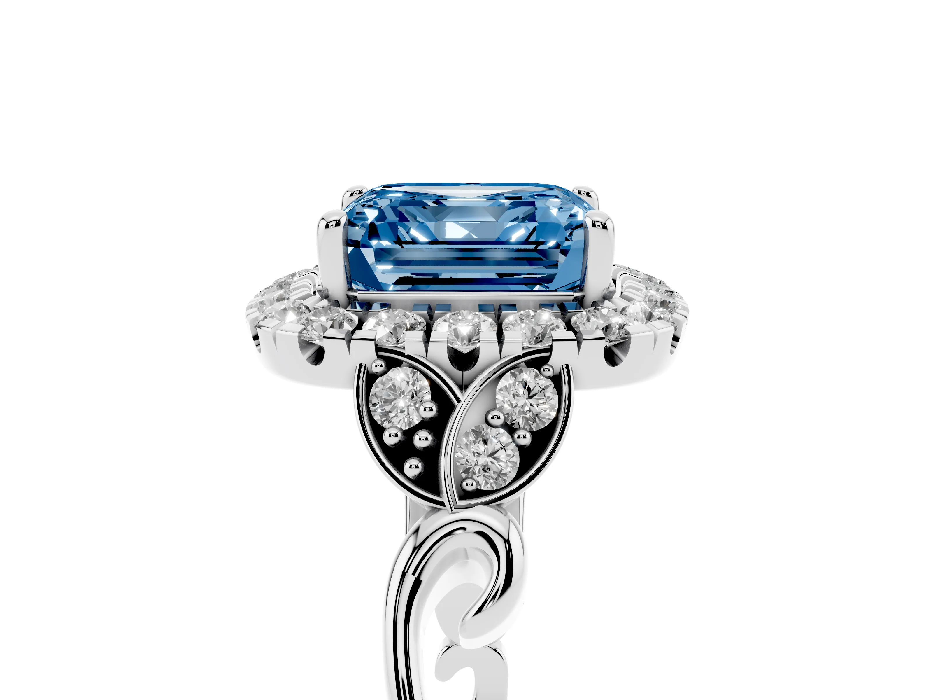 Fancy Blue Asscher Cut Diamond Halo Engagement Ring Set in Silver with Vintage-Inspired Band and Prong Setting