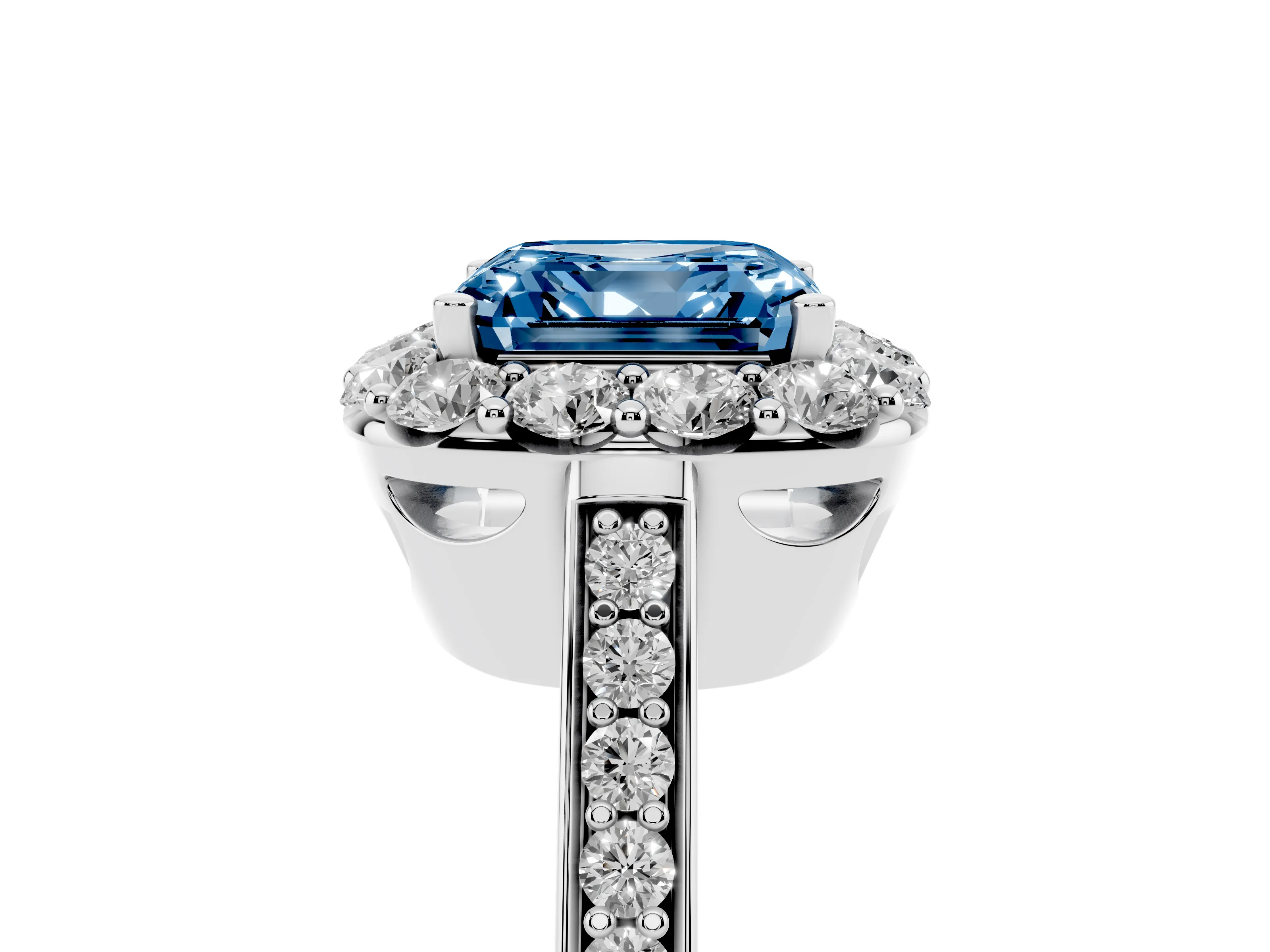 Fancy Blue Asscher Cut Diamond Floral Halo Ring Set in Silver with Pavé Band and Prong Setting
