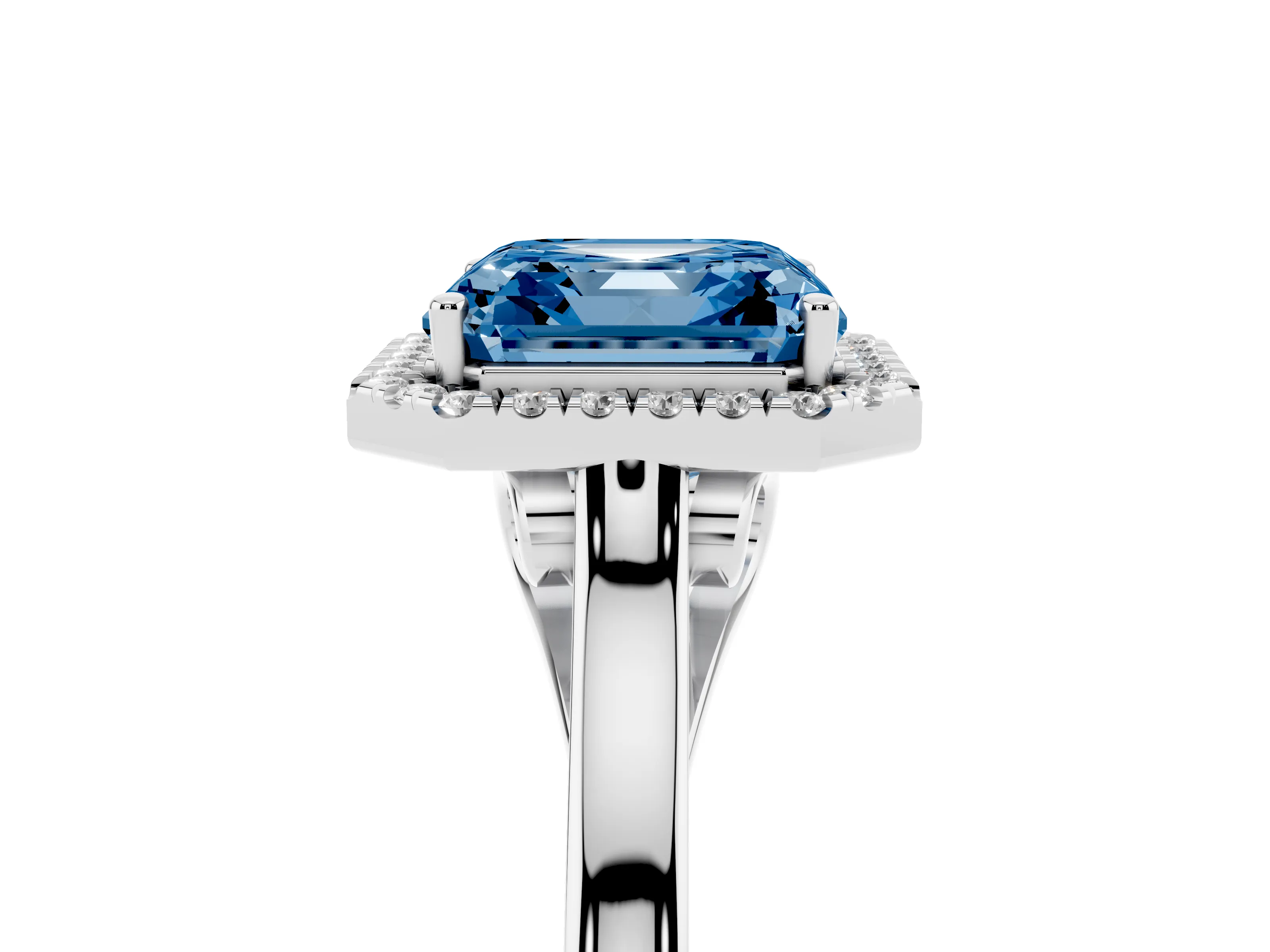 Fancy Blue Asscher Cut Halo Round Diamond Solitaire Ring Set in Platinum with Pavé Band and Prong Setting