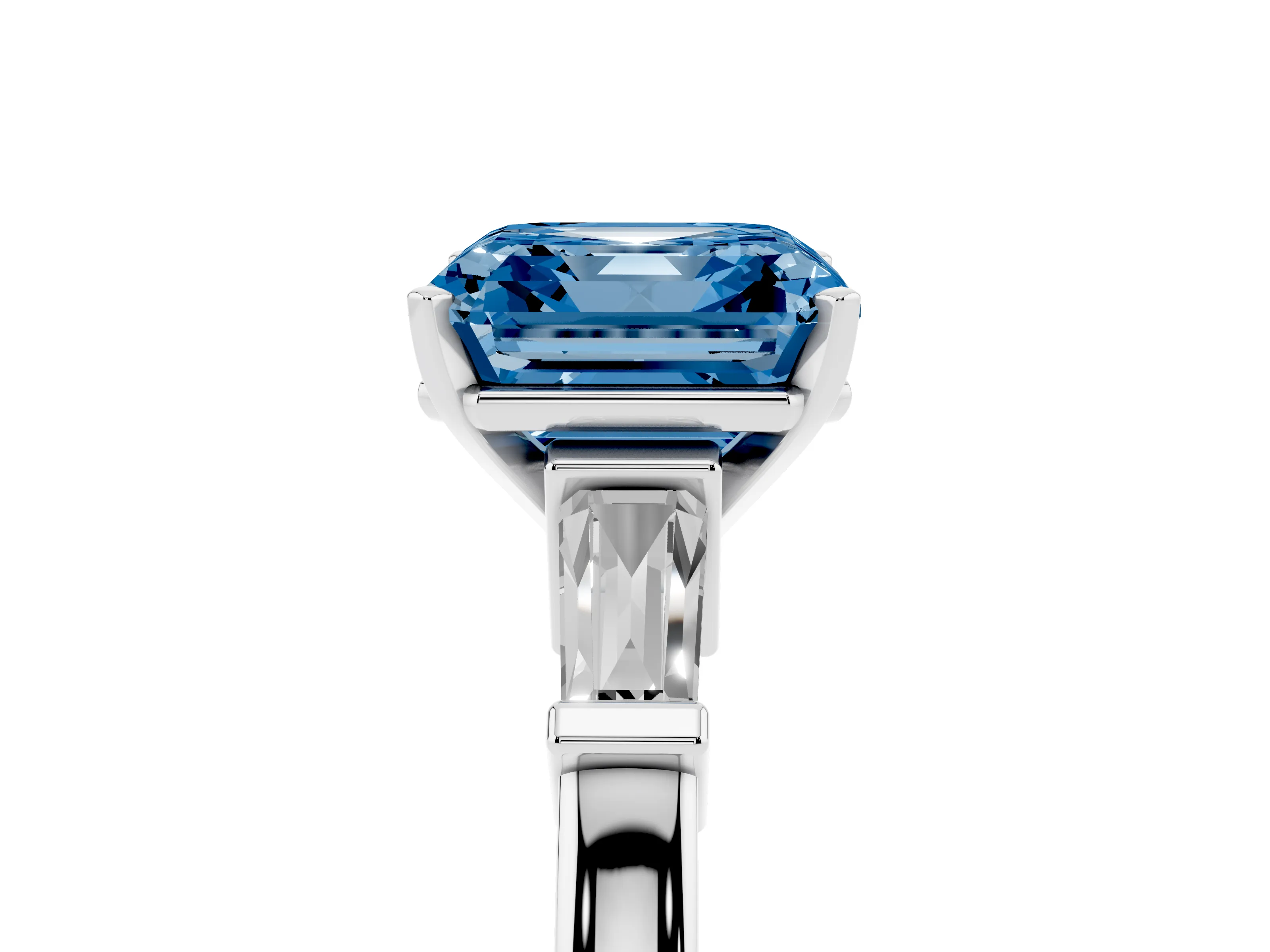 Fancy Blue Asscher Cut Diamond Solitaire Ring Set in White gold with Tapered Baguette Accents and Prong Setting