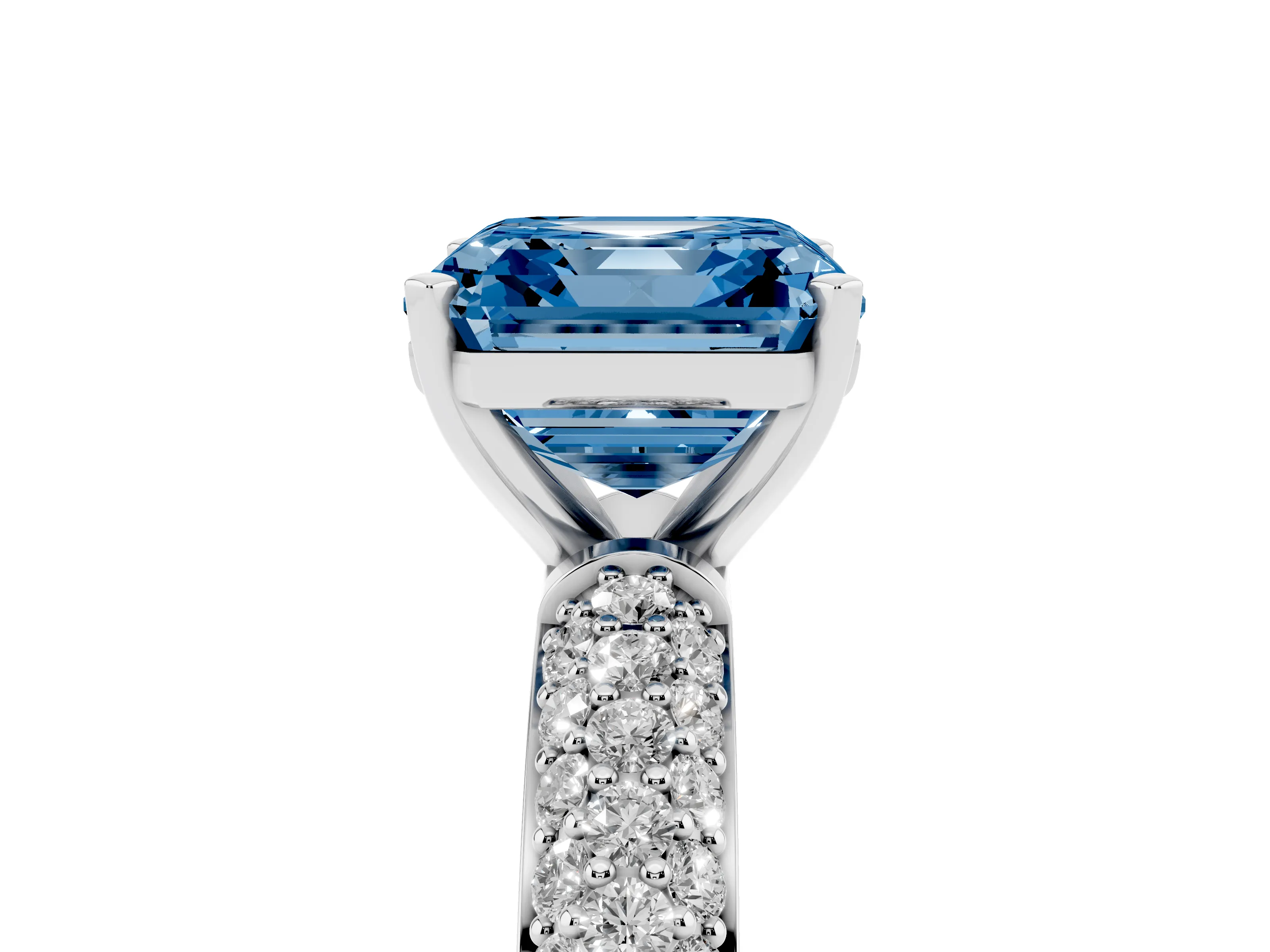 Fancy Blue Asscher Cut Diamond Solitaire Ring Set in White gold with Prong Setting and Pavé-Set Band