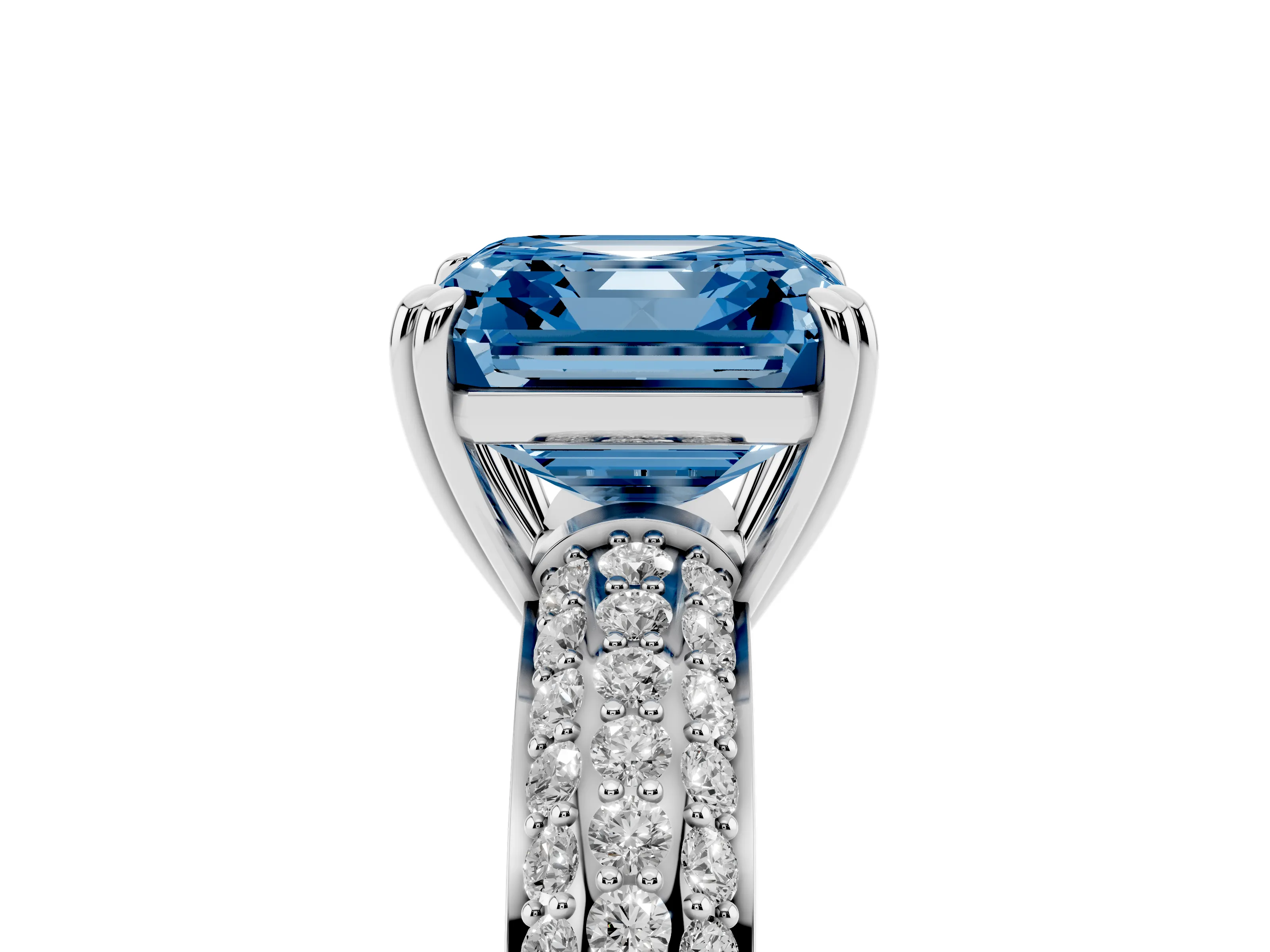 Fancy Blue Asscher Cut Diamond Solitaire Ring Set in Platinum with Multi-Row Round Pavé Band and Prong Setting