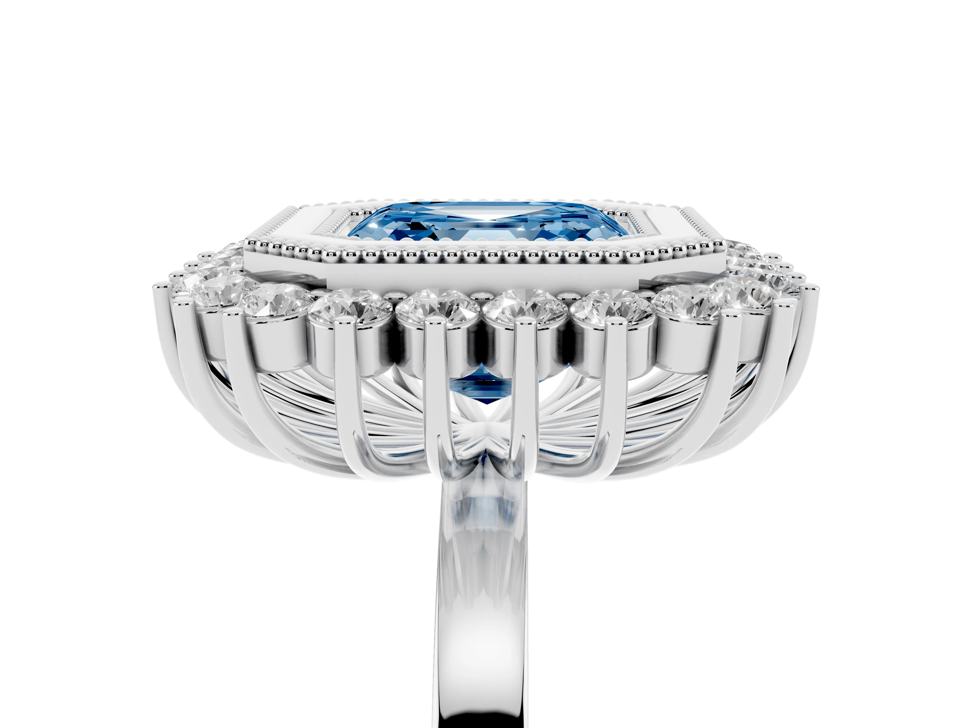 Fancy Blue Asscher Cut Diamond Halo Ring Set in White gold with Milgrain Edge and Round Prong Setting