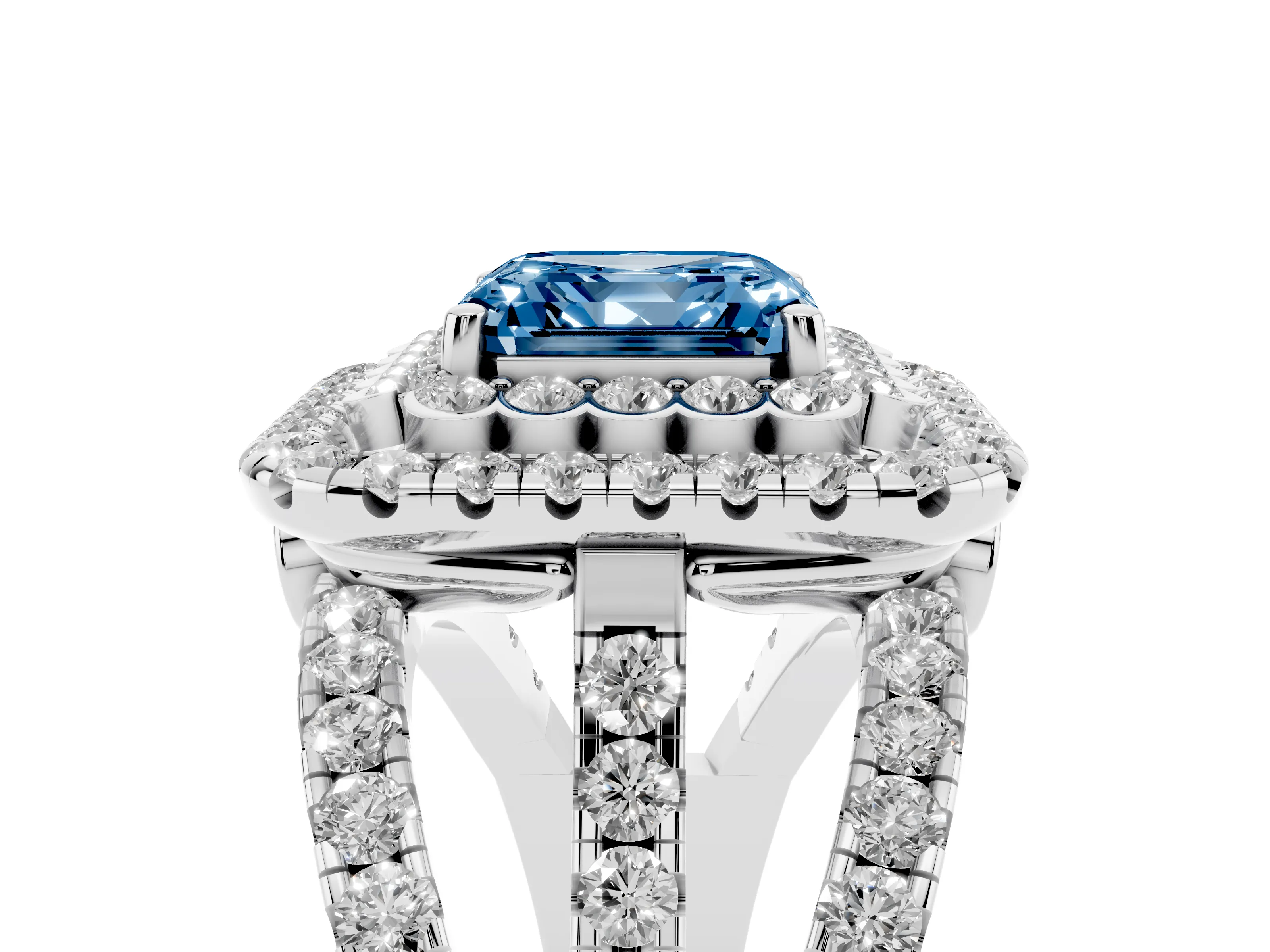 Fancy Blue Asscher Cut Diamond Double Halo Ring Set in White gold with Round Pavé Split Shank