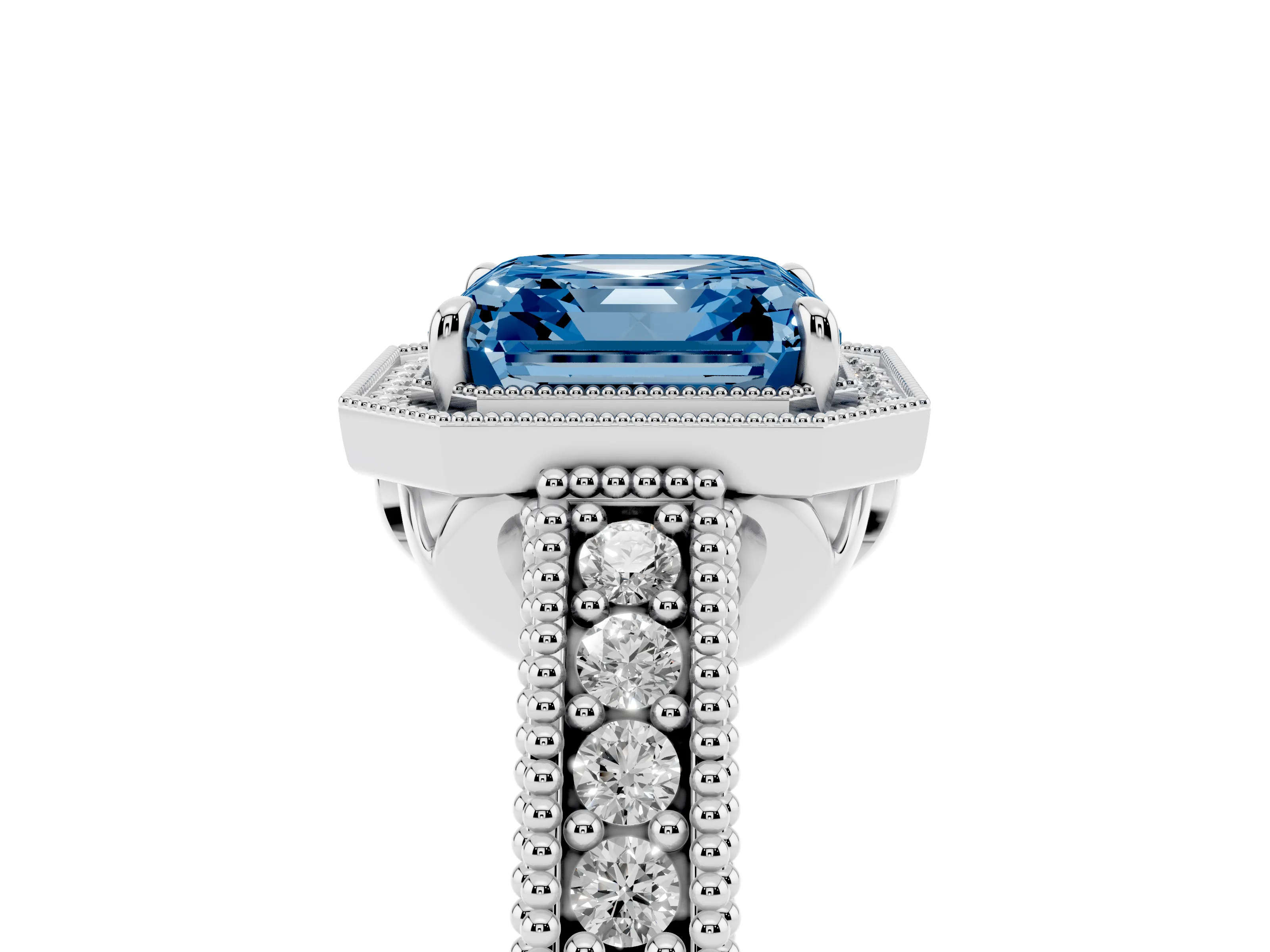 Fancy Blue Asscher Cut Diamond Halo Ring Set in White gold with Round Accent Halo, Pavé Band and Prong Setting