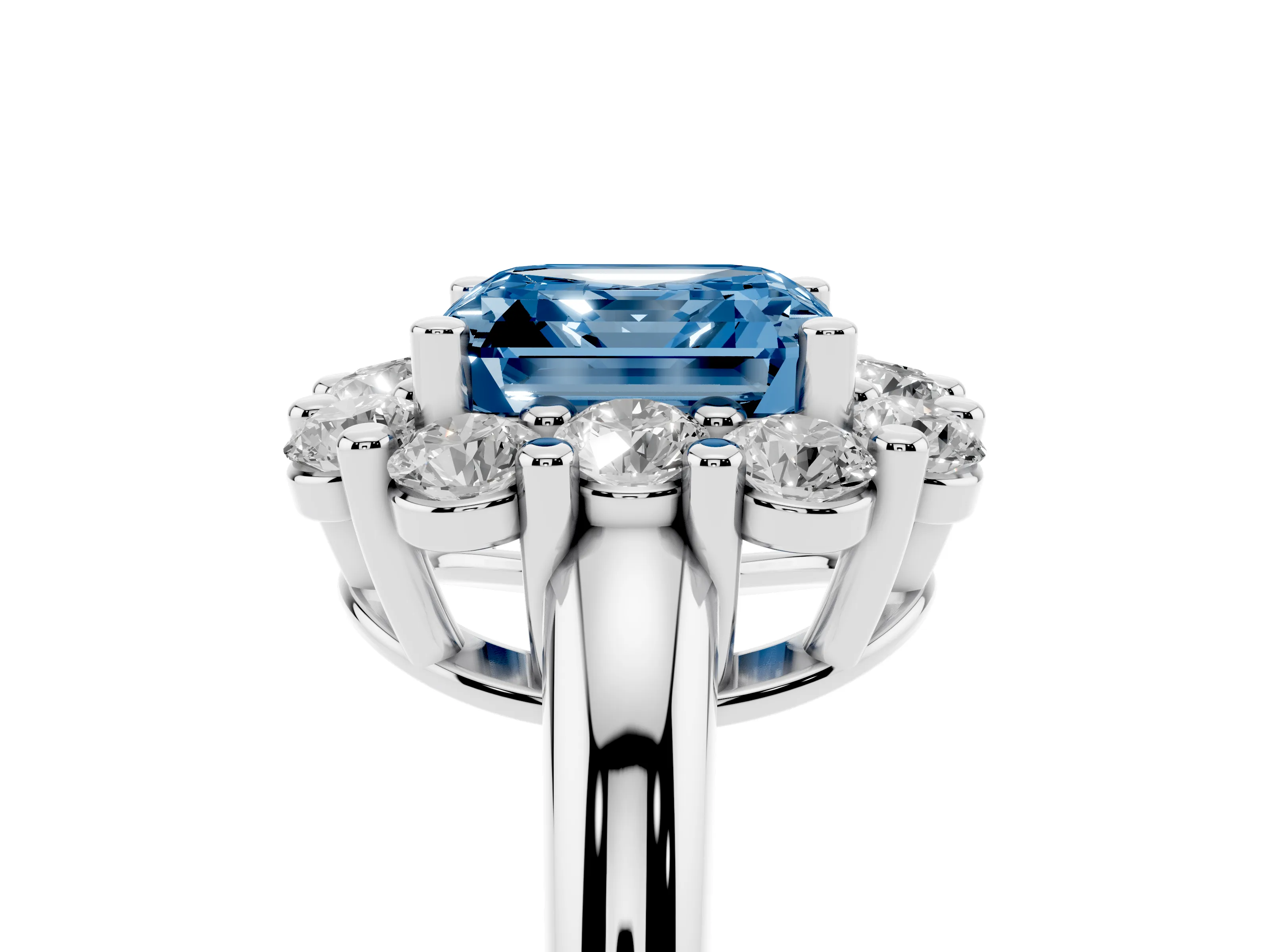 Fancy Blue Asscher Cut Diamond Halo Cluster Engagement Ring Set in Silver with Polished Band and Prong Setting