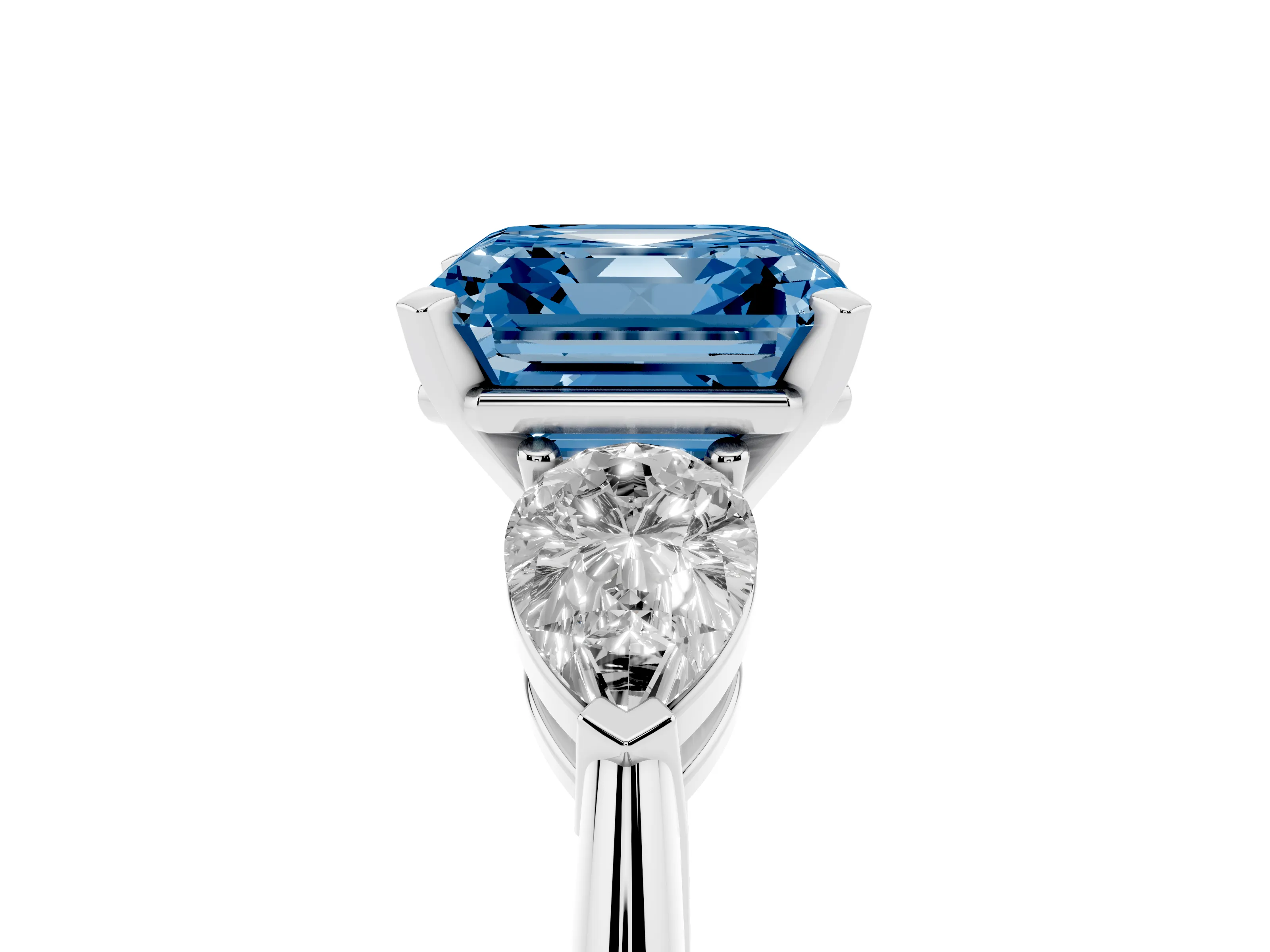 Fancy Blue Three-Stone Asscher Cut Diamond Ring Set in White gold with Pear Side Stones and Prong Setting