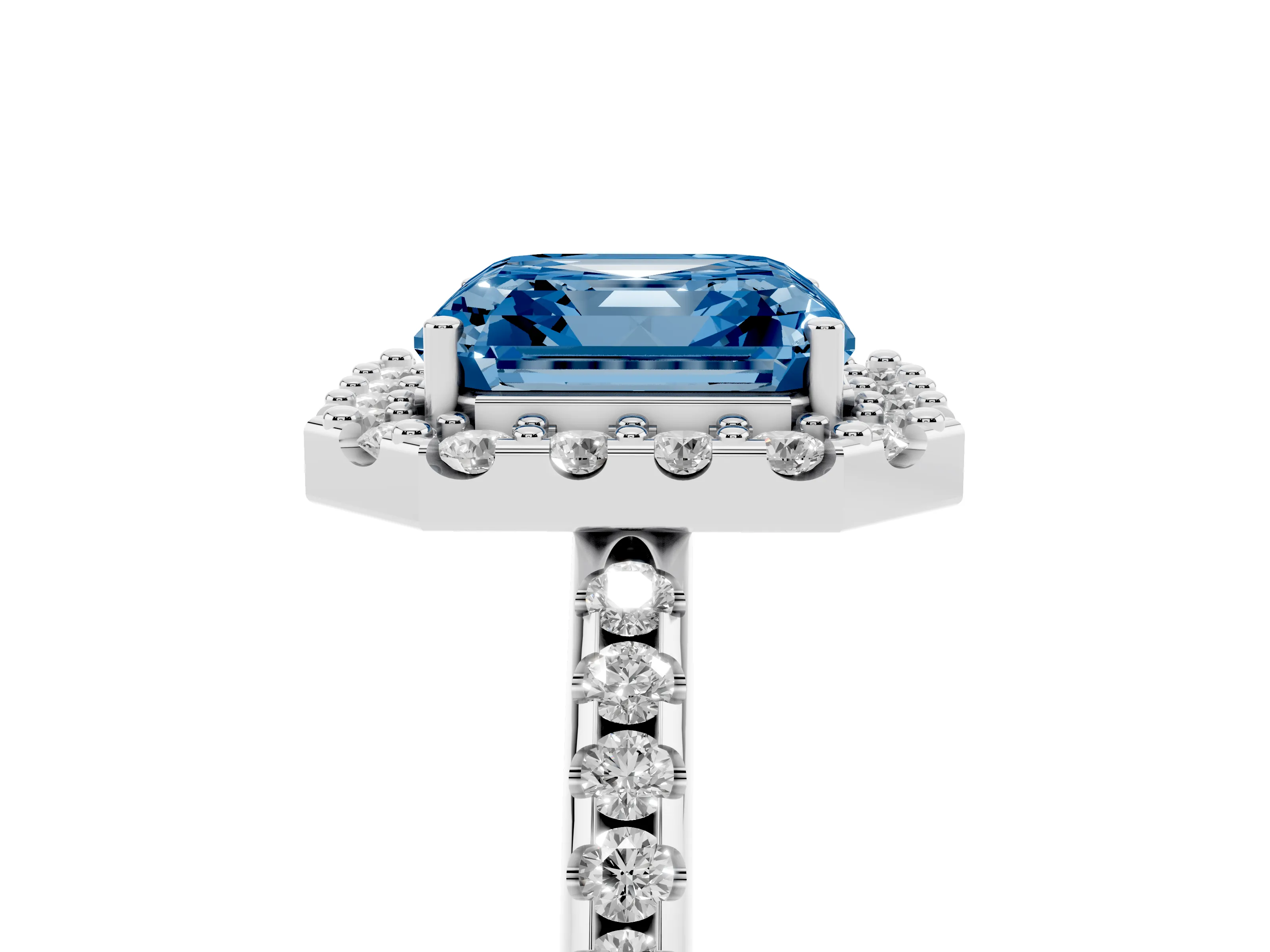Fancy Blue Asscher Cut Diamond Pavé Halo Ring Set in White gold with Prong Setting