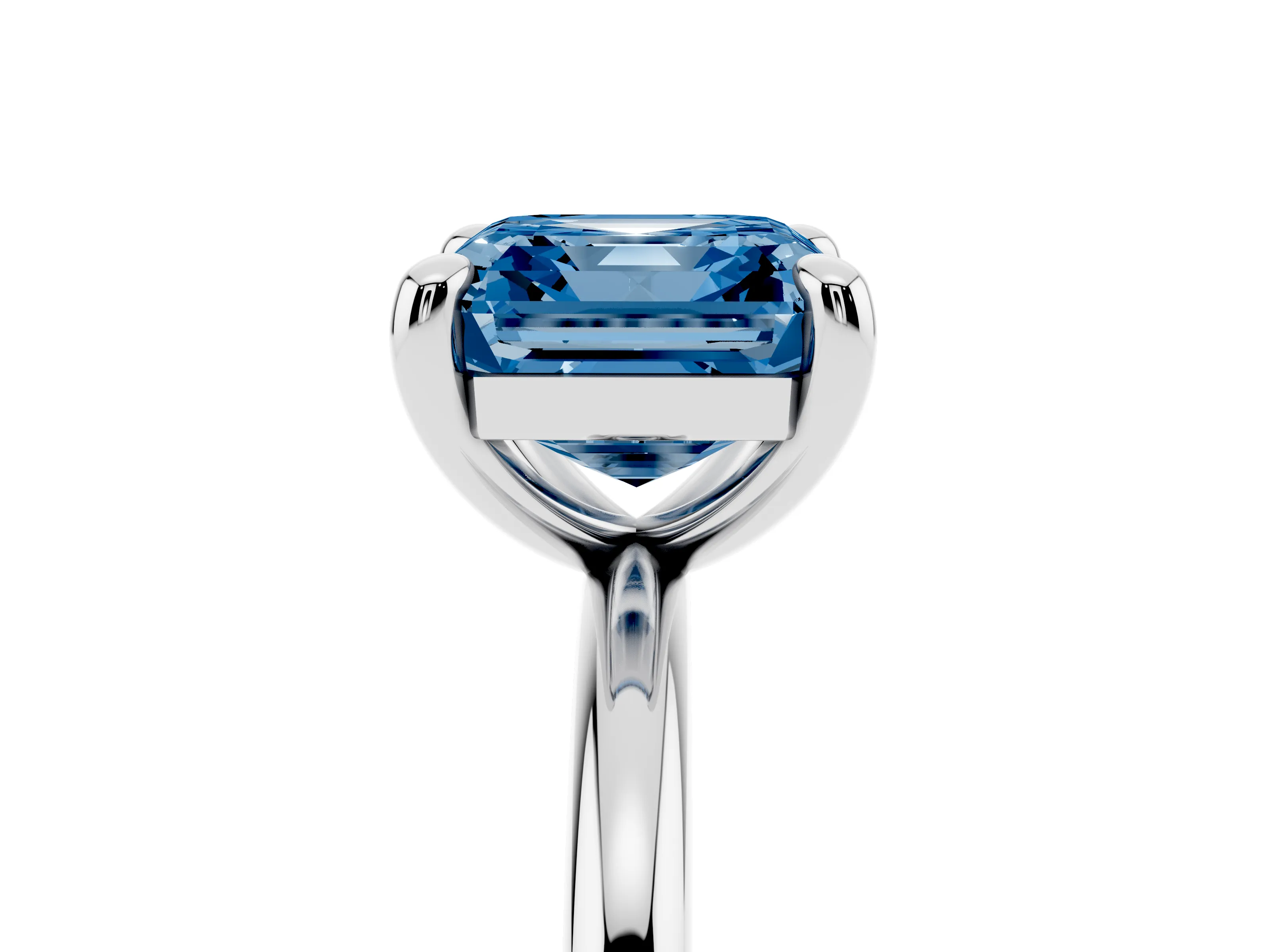 Fancy Blue Asscher Cut Diamond Solitaire Ring Set in White gold with Prong Setting on a Polished Plain Band