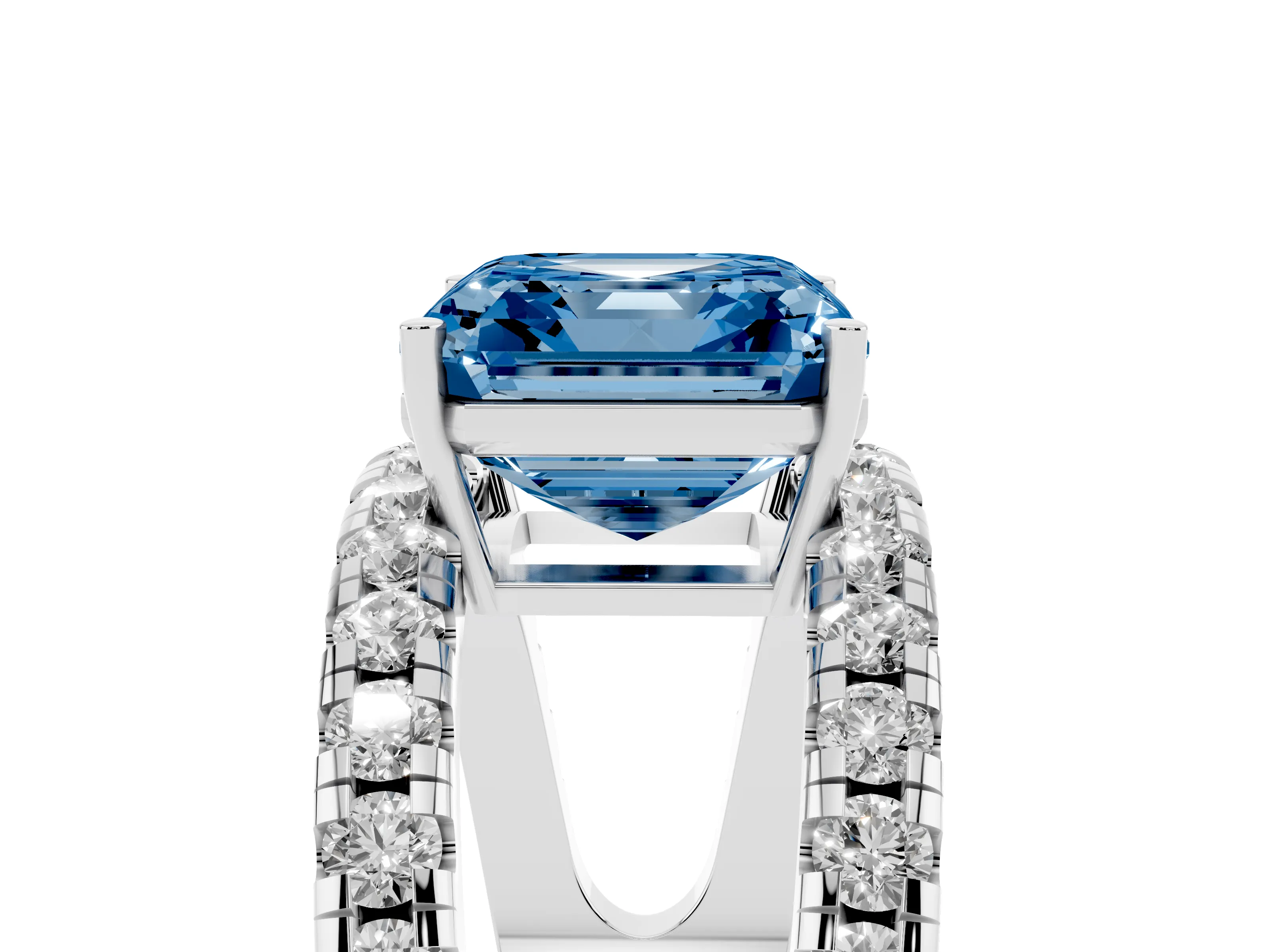 Fancy Blue Asscher Cut Diamond Split Shank Pavé Solitaire Ring Set in Silver with Open Shank Design