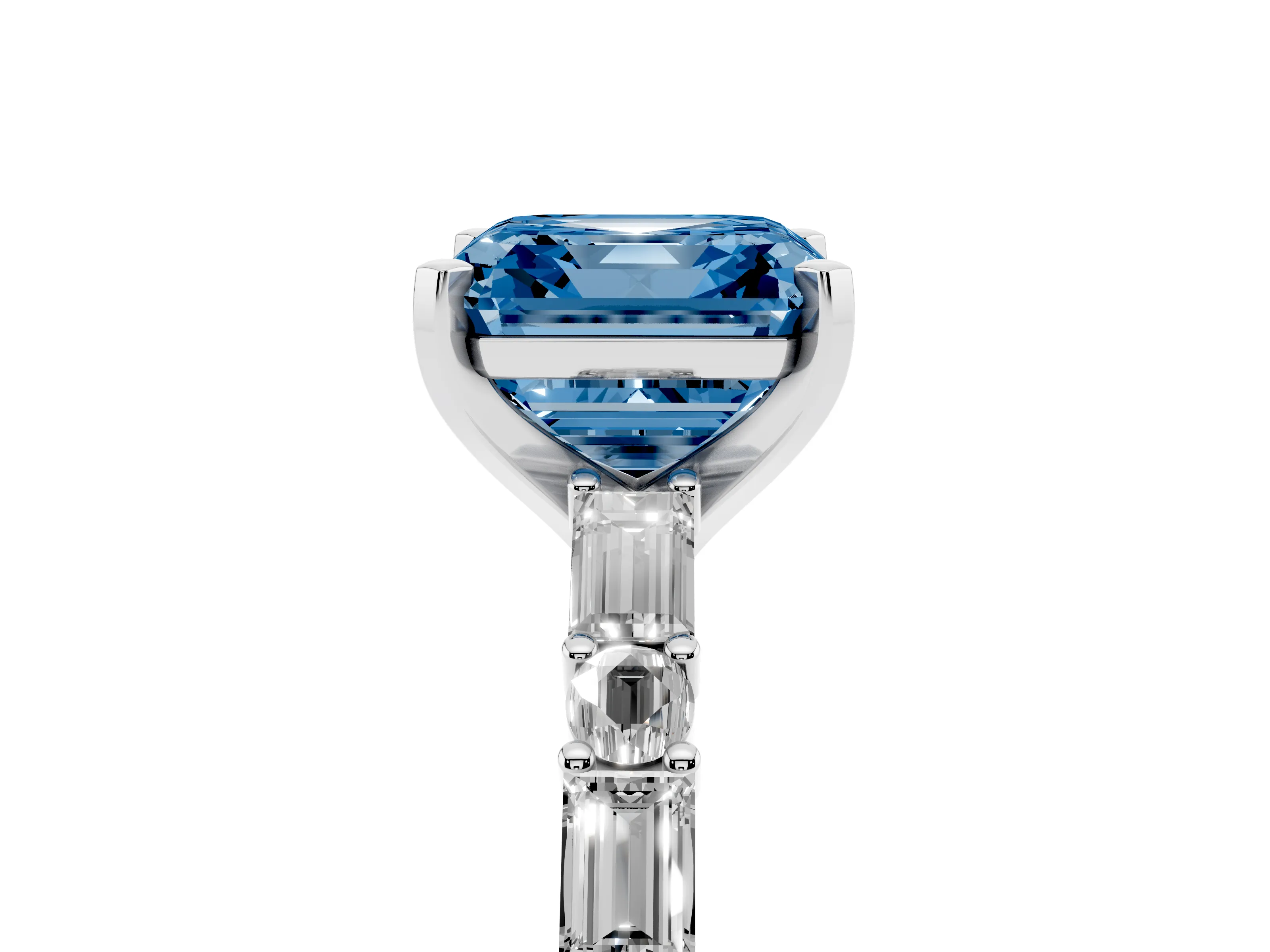 Fancy Blue Asscher Cut Diamond Solitaire Set in Platinum with Side Baguettes and Channel Set Band