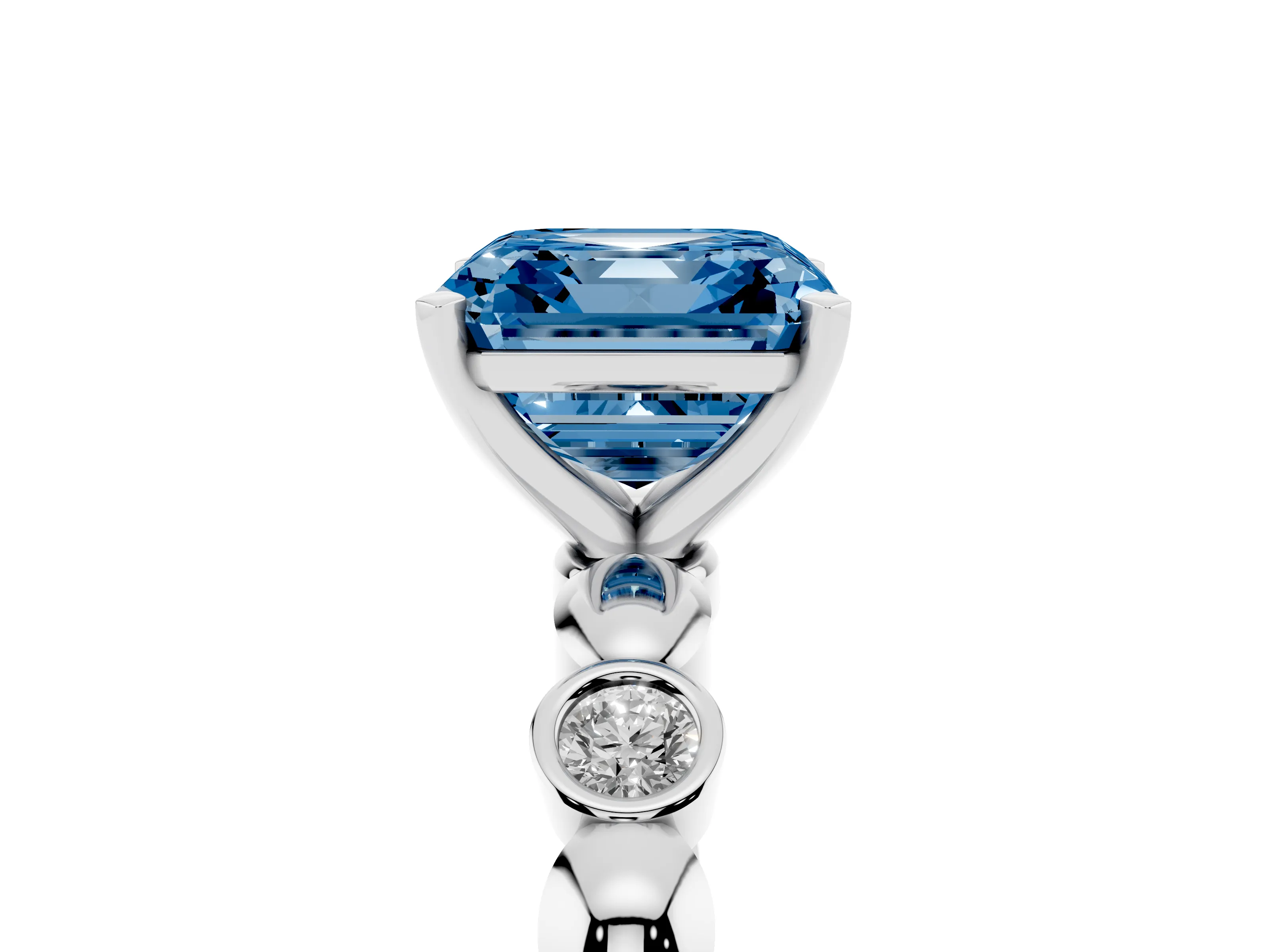 Fancy Blue Asscher Cut Diamond Solitaire Ring Set in Silver with Bezel-Set Accents on Beaded Band and Prong Setting
