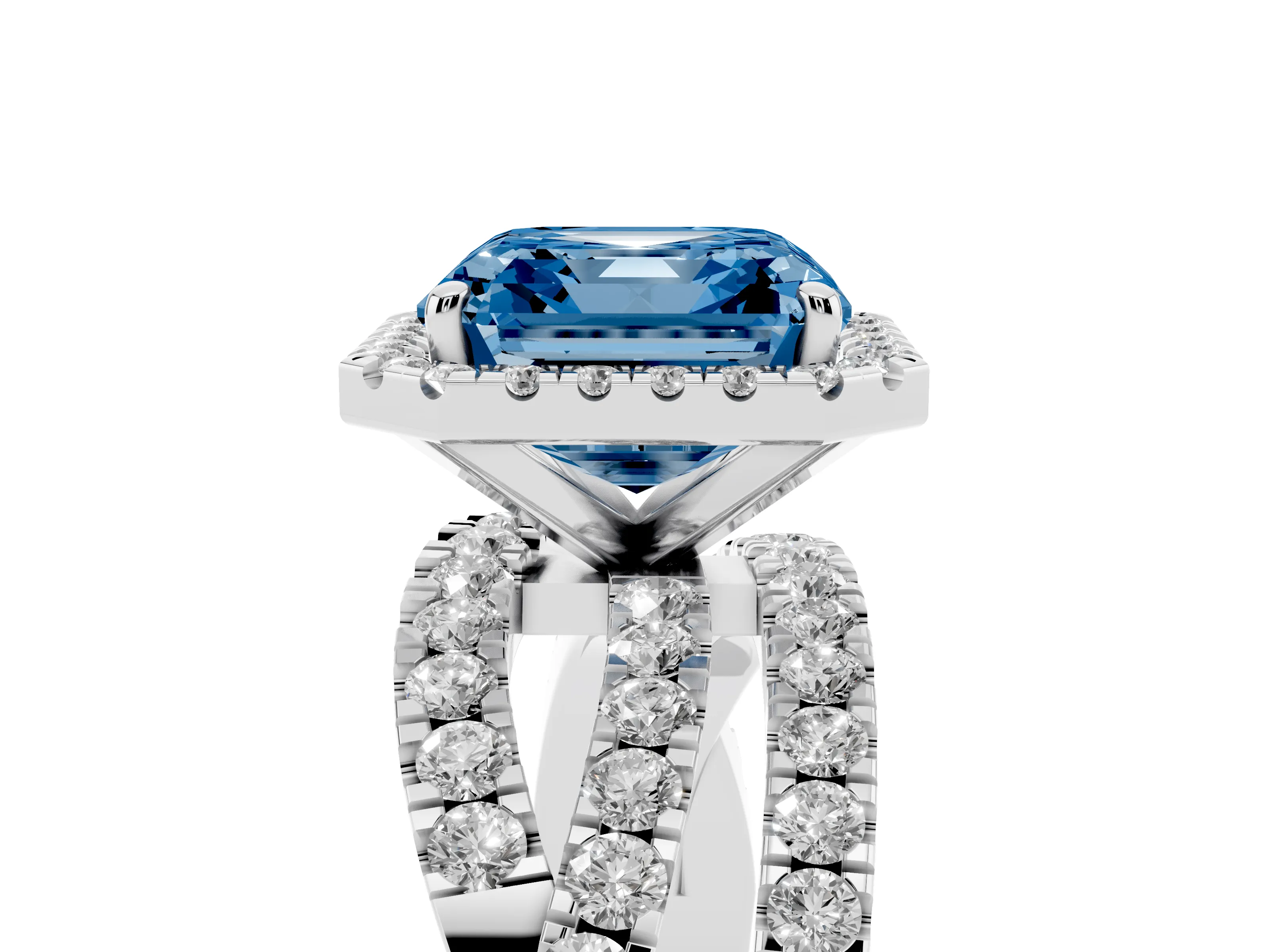 Fancy Blue Asscher Cut Diamond Halo Ring Set in White gold with Round Crossover Split Shank and Prong Setting