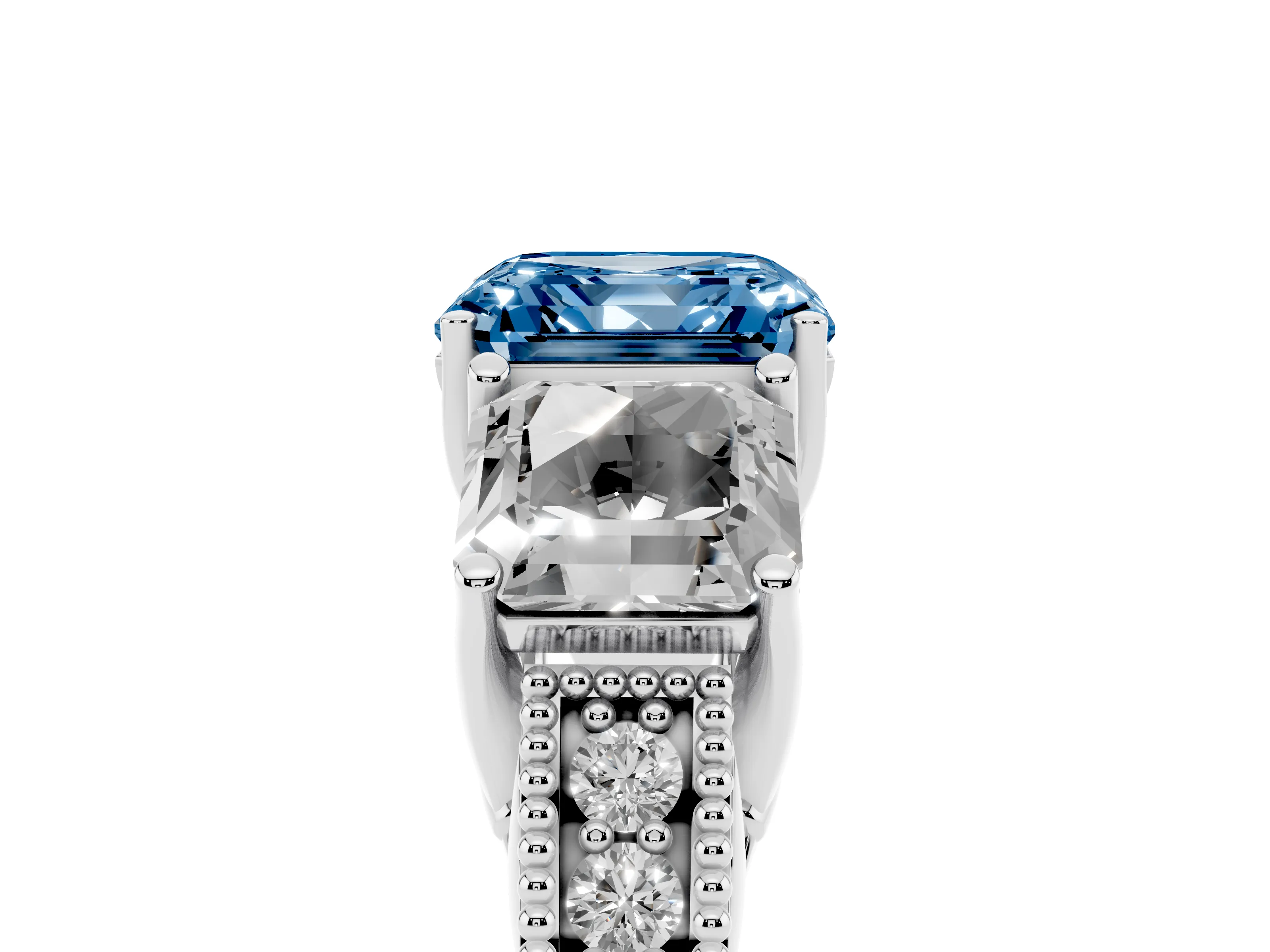 Fancy Blue Asscher Cut Diamond Three-Stone Engagement Ring Set in Silver with Milgrain Pavé Band