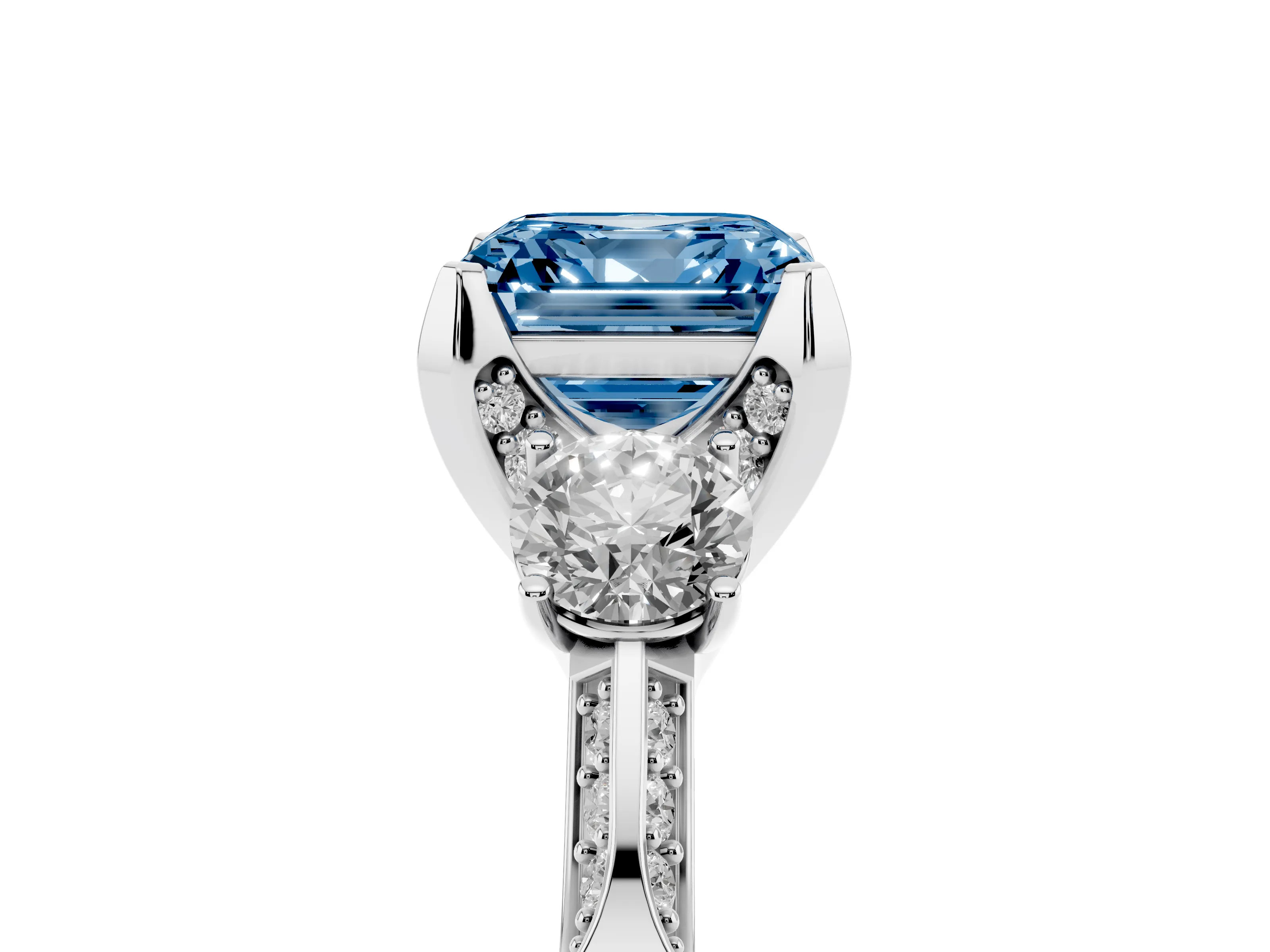 Fancy Blue Asscher Cut Diamond Three-Stone Ring Set in Silver with Pavé Band and Smaller Side Stones