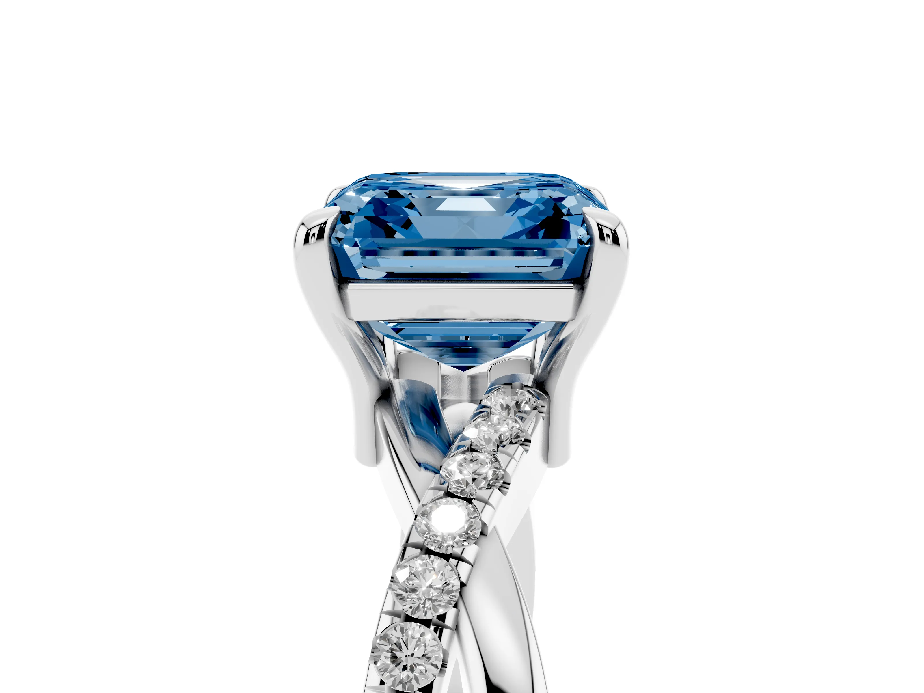 Fancy Blue Asscher Cut Diamond Twist Band Pavé Solitaire Ring Set in White gold with Prong Setting