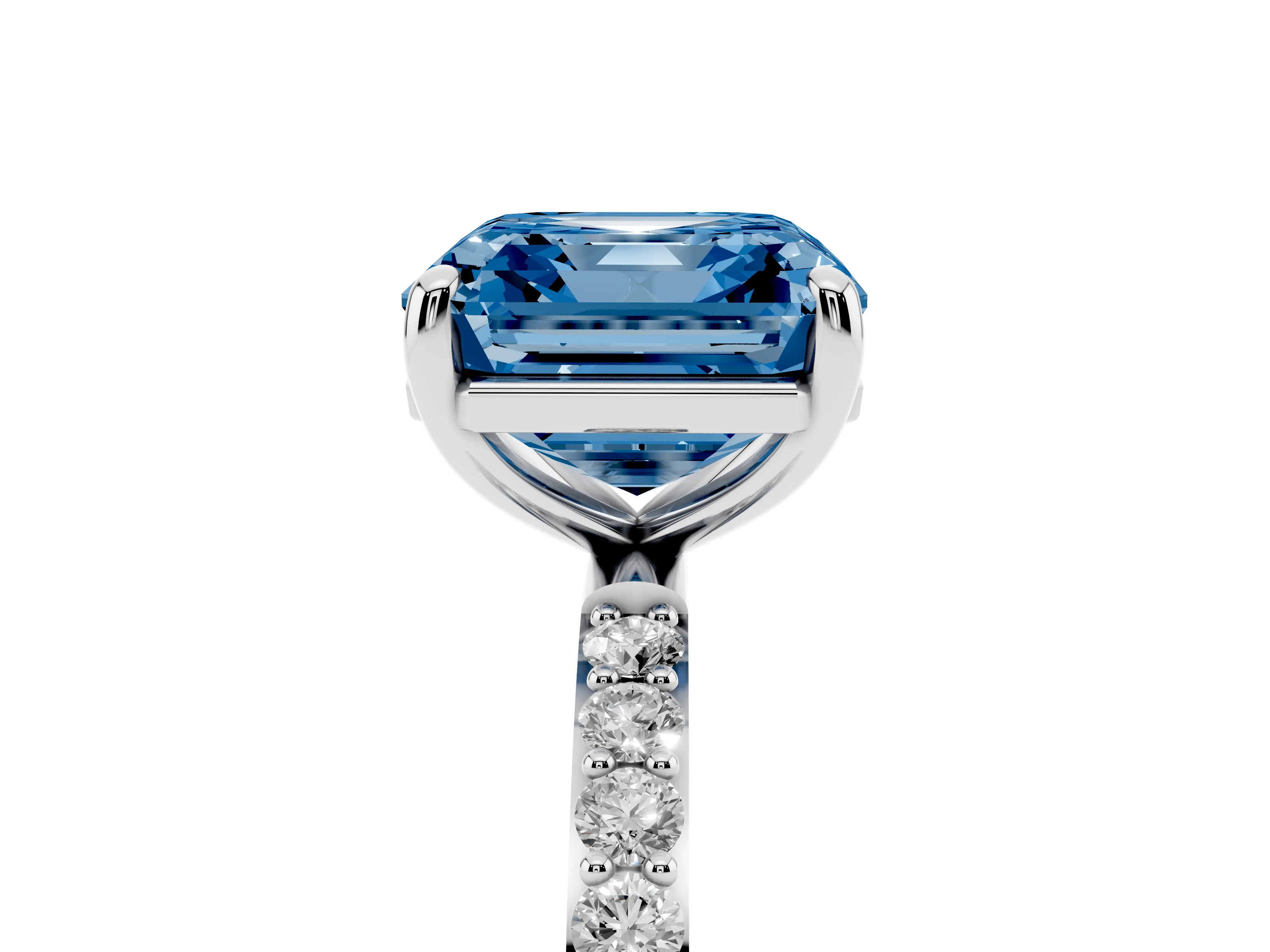 Fancy Blue Asscher Cut Diamond Solitaire Ring Set in Platinum with Round Pavé Band and Prong Setting