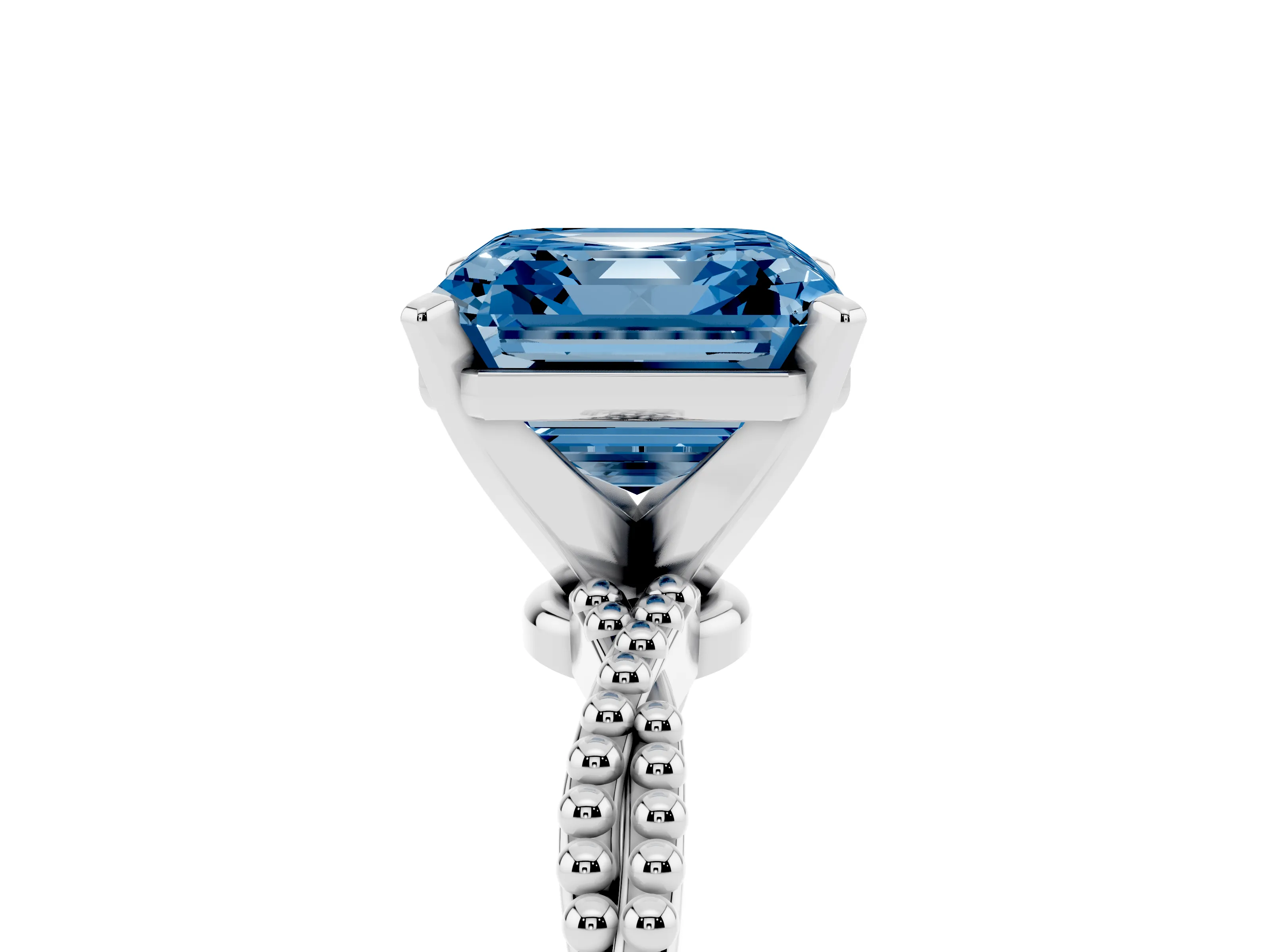 Fancy Blue Asscher Cut Diamond Solitaire Ring Set in Silver with Twisted Band and Bead Prong Setting